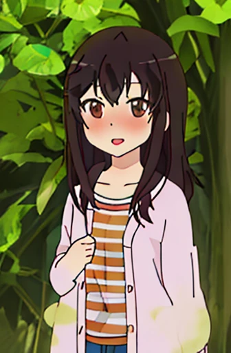 best quality, masterpiece, highres, solo, {ichijou_hotaru_nonnonbiyori:1.15}, black_hair, long_hair, brown_eyes, blush, brown_hair, 1girl, shirt, striped, striped_shirt, anime_coloring, bangs, collarbone, open_mouth, upper_body, cardigan,women stink、Attack with farts、chies、shyness