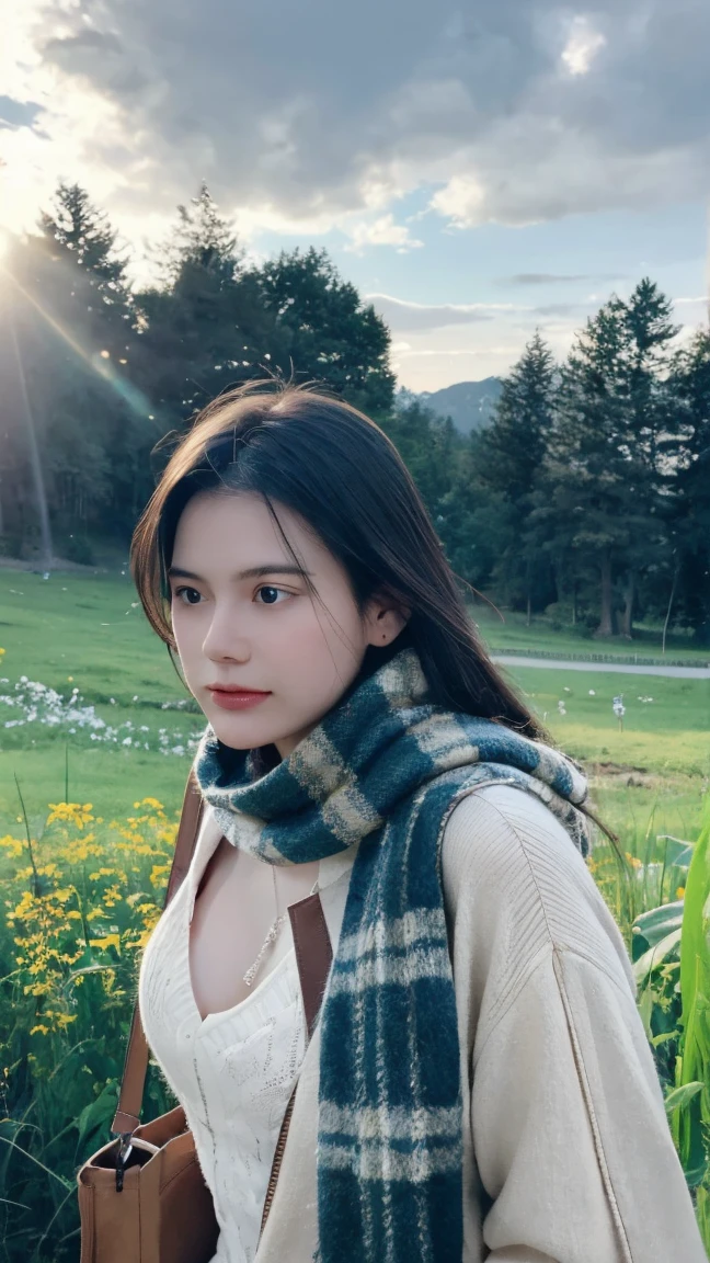 8k, best quality, masterpiece, realistic, ultra detail, photo realistic, Increase quality,
a photo of a girl standing in a field with a scarf, in the style of dark and brooding designer, voluminous mass, photobash, serene faces, jagged edges, navy, natural beauty, close-up shot