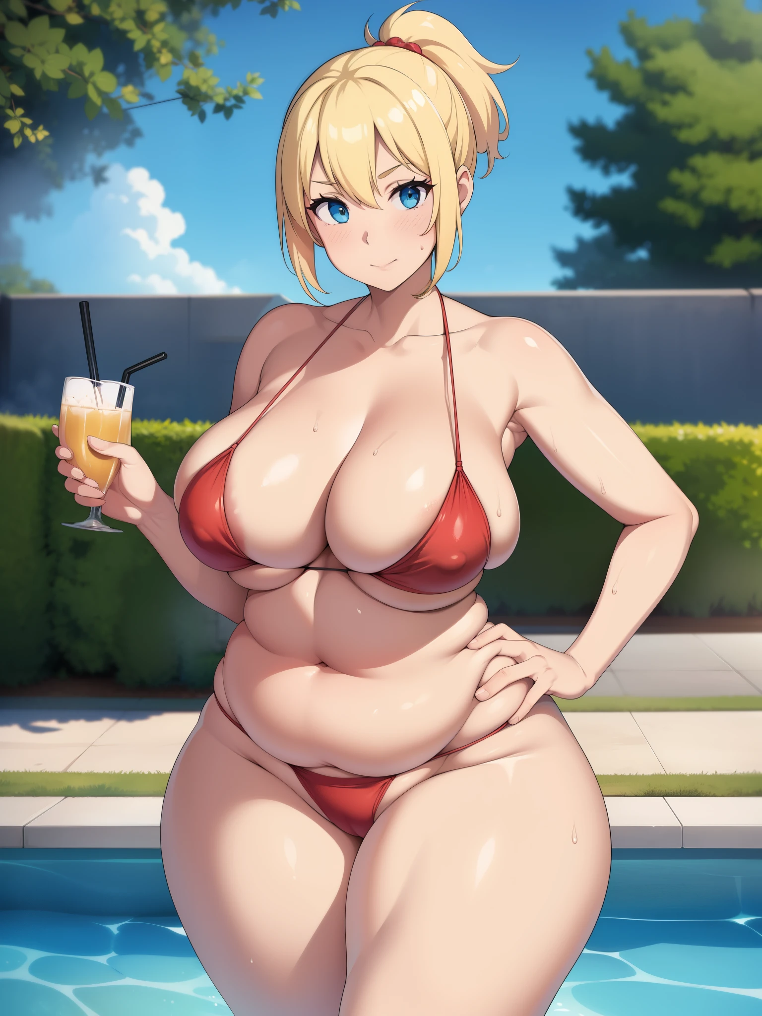 (plump), belly hang, chubby belly, fat folds, she has a jiggly belly