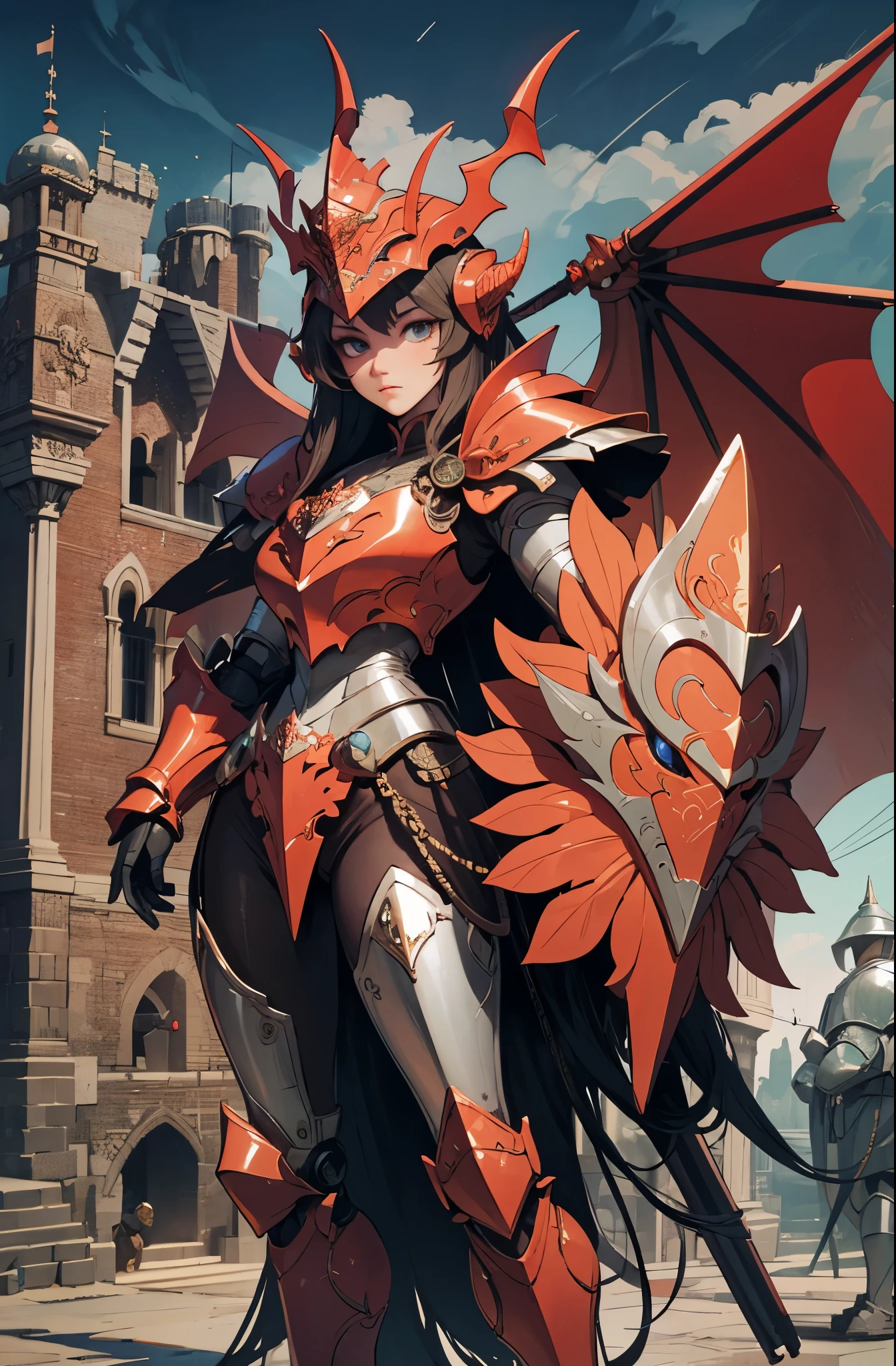 (detailed illustrations,Very detailed and precise drawing,Delicate drawn lines with tempo,Realistic texture expression),[color traced main line],(Fantasy World Battlefield Background [burning castle]),((ROBOT GIRL) (red knight [[corinthian helmet]streamline][muscular])[WEAPON MACHINE[Princess Knight][[METALFACE[lenticular iris]]]]),[red dragon armor[scale]][[luxurious embroidered cloak]],[red dragon pattern],[use a sword as a weapon],[[Mobile Weapon Gigant Size][science fiction mechanical]],((gorgeous shiny armor)),(intricate and beautiful decoration [Dense detail]),[transparency],(Precisely drawn face)[完璧な目のdetailed(Beautifully detailed iris)[eyes like jewels]],[long and beautiful eyelashes],[precisely drawn hair [美しく艷やかな髪のdetailed]],(完璧な手のdetailed [Beautiful fingers with no damage [beautiful nails]]),(perfect anatomy(perfectly balanced proportions))[[full body portrait]],[ideal color coordination(Accurate simulation of light and material interactions)],([Precision Detail](detailed,High definition)),[Visual art that tells a story].