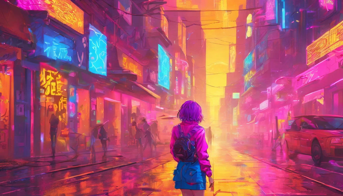 Beautiful detailed Anime style girl wandering on the street. Luminescence vibrant colors, hot pink, electric blue, golden yellow, Colorful rain vapor, mist.