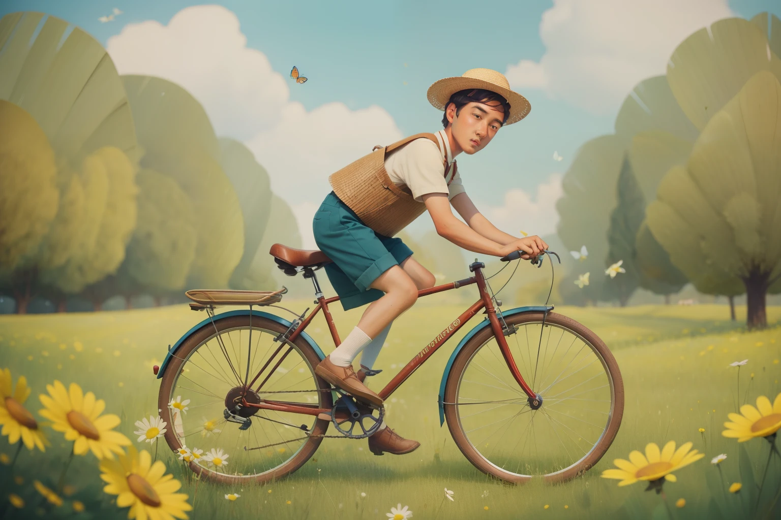 Bicycle Adventure Through Meadows: Illustrate a age boy with a straw hat, riding a vintage bicycle through sunlit meadows filled with daisies and butterflies. The boy wears knickerbockers and a bowtie, capturing the spirit of a carefree countryside adventure in Wes Anderson's distinctive color tones.