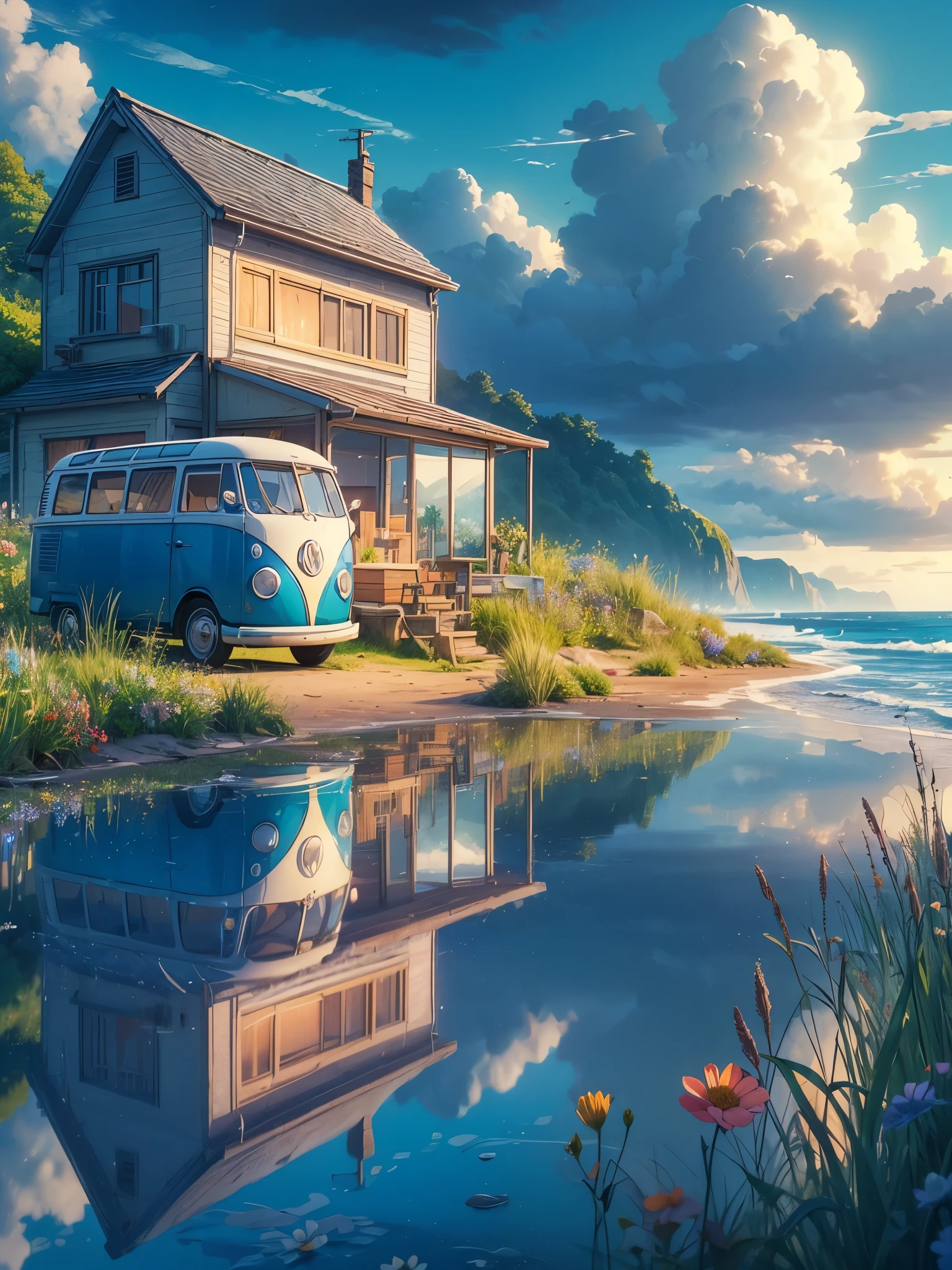 Draw an anime simple art scene of an abode on the cliff near beach, reflection, volkswagon van parked outside, blue doors, wildflowers, long grass, cloudy sky, no human, vibrant color tones, dim light, masterpiece