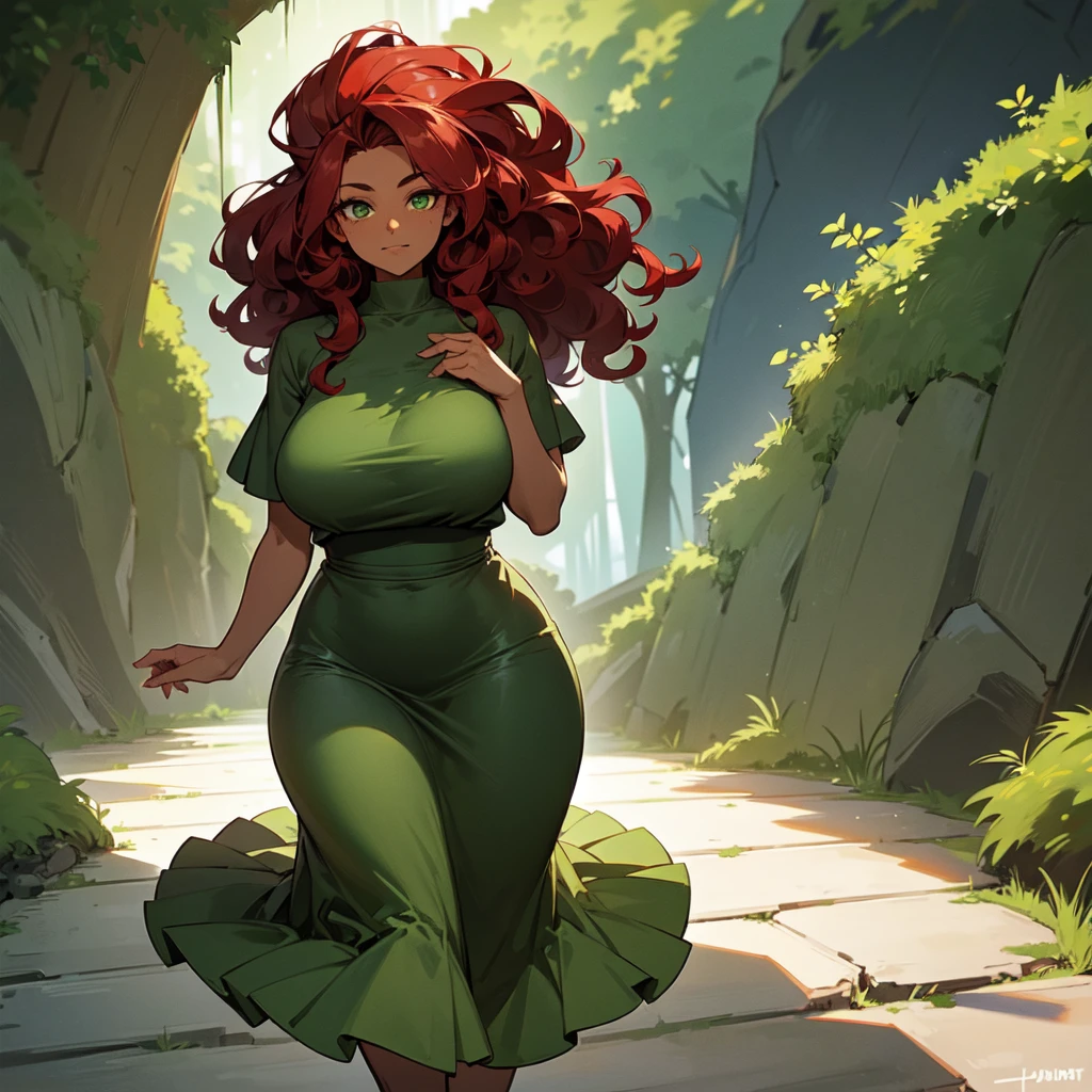 (((Dark Skin Woman))),(((Wearing a moss green dress))),(((Red wavy hair))),(((Lime green eyes))),(((Curvy body))),(((Alone)))