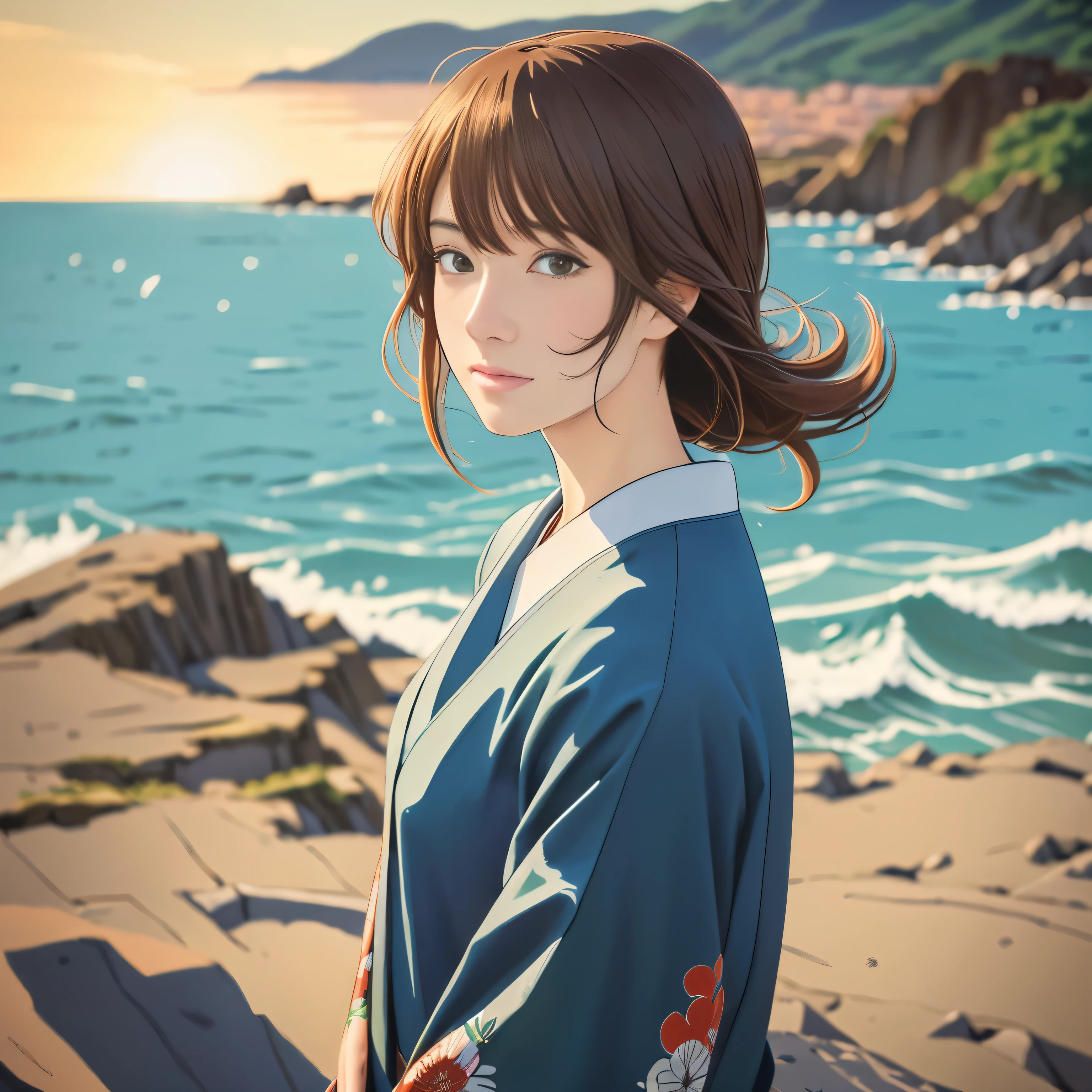 (highest quality,4K,8K,High resolution,masterpiece:1.2),super detailed,realistic:1.37,illustration style,ukiyo-e,Showa anime,woman facing the viewer,Japanese,Background of shining morning sun,New Makoto Shinkai style,winter season,distant sea view