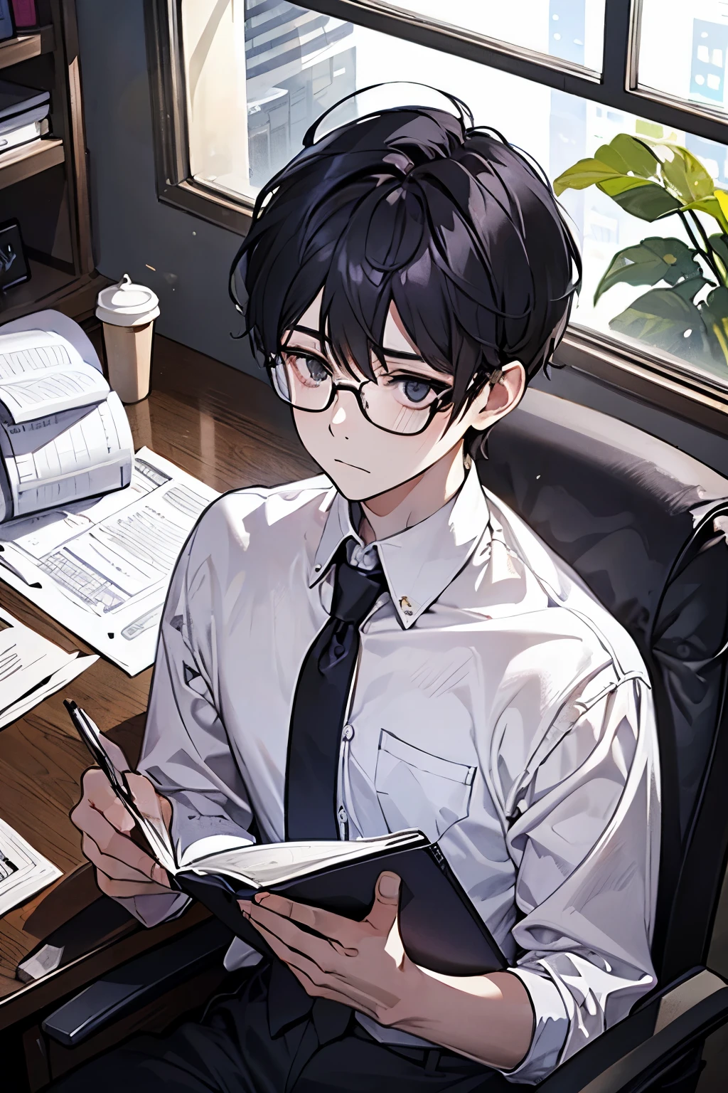 wearing glasses, matted hair,cute guy, wearing a white shirt, office, there is coffee on the desk,sleepy face, man looking straight ahead,There is a pile of papers on the desk,black hair, Sad face