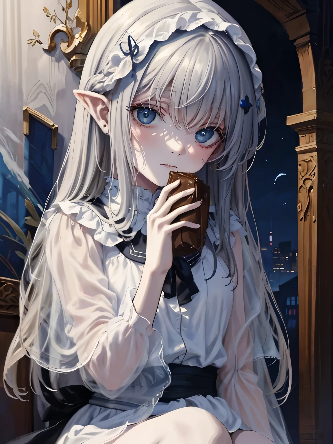 (masterpiece,best quality,ultra-detailed),1girl,beautiful and detailed face, detailed eyes,looking at viewer,delicate:1.2,((grey theme),((depression, sadness, melancholy)),pointy ears,pale skin,tired expression,sad,swollen eyelids,(li),in a dark cave