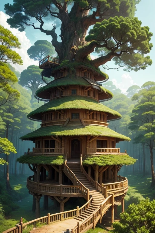 A gigantic tree that towers up to the sky、people々They live by building primitive houses all over the tree.、A spiral wooden staircase  attached to its thick trunk.、It takes 10 years to climb