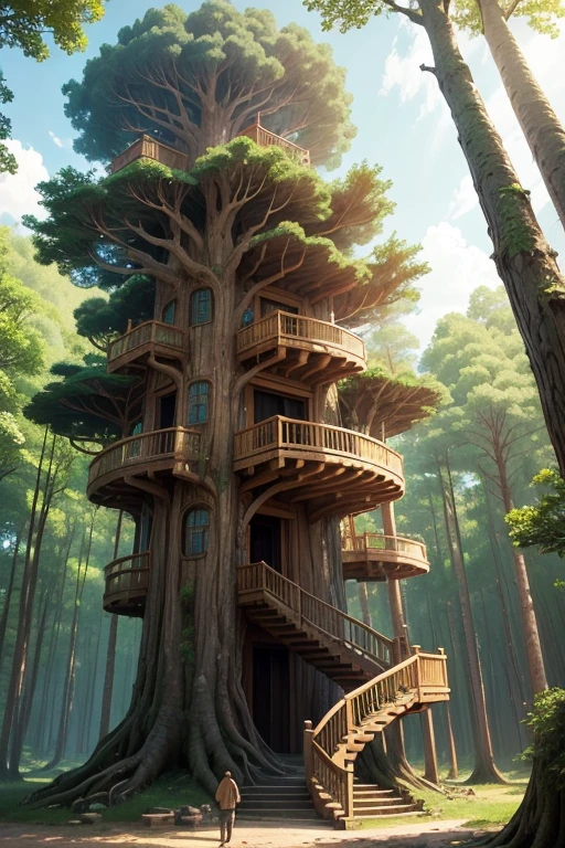 A gigantic tree that towers up to the sky、people々They live by building primitive houses all over the tree.、A spiral wooden staircase attached to its thick trunk.、It takes 10 years to climb