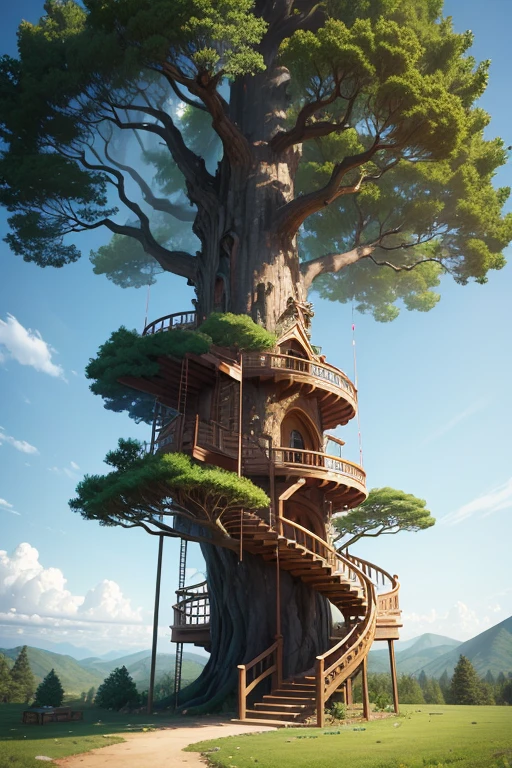 A gigantic tree that towers up to the sky、people々They live by building primitive houses all over the tree.、A spiral wooden staircase  attached to its thick trunk.、It takes s to climb