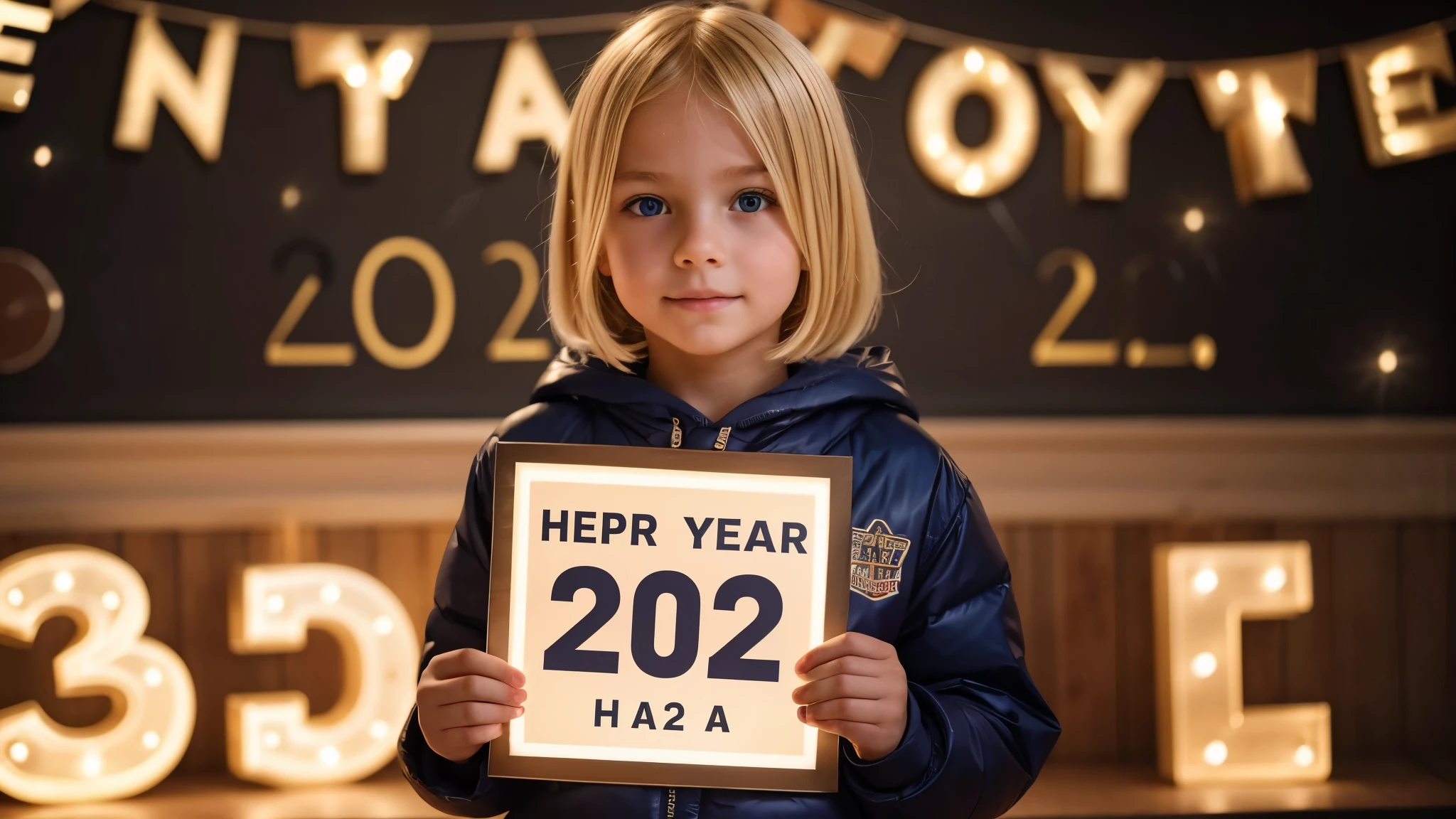 KIDS BLONDE holding a lighted sign that says 202, photo from 2022, 2 0 2 4, 2024, year 2447, circa the year 2994, 2 0 2 2 photo, 2049, 2045, 2 , new years eve