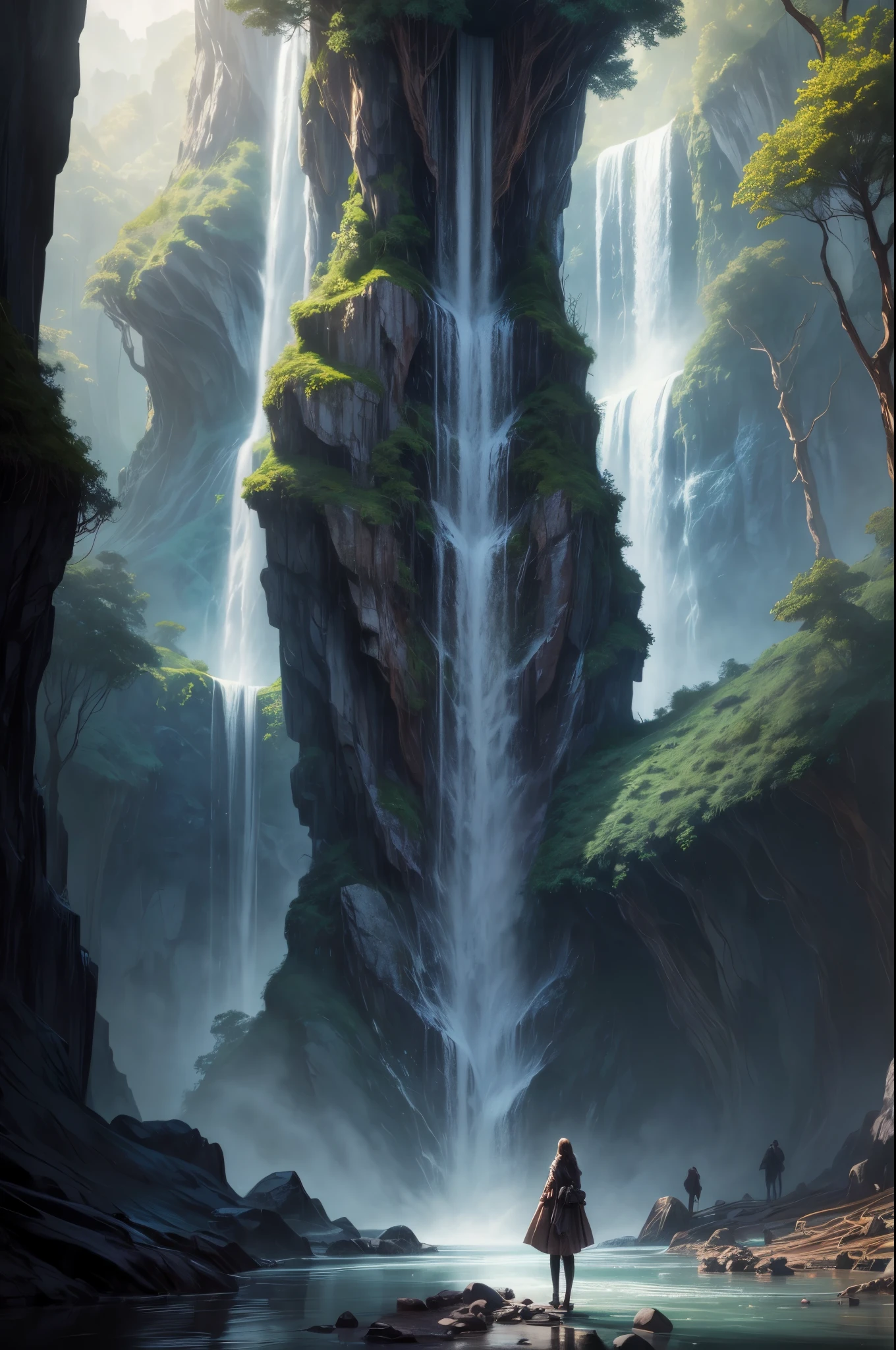 there is a woman standing in front of a waterfall in the woods, a matte painting inspired by Michael Komarck, unsplash contest winner, conceptual art, solitude under a waterfall, in a cave with the waterfall, next to a waterfall, standing inside a waterfall, standing near a waterfall, standing in a waterfall, standing in front of a waterfall, under a waterfall