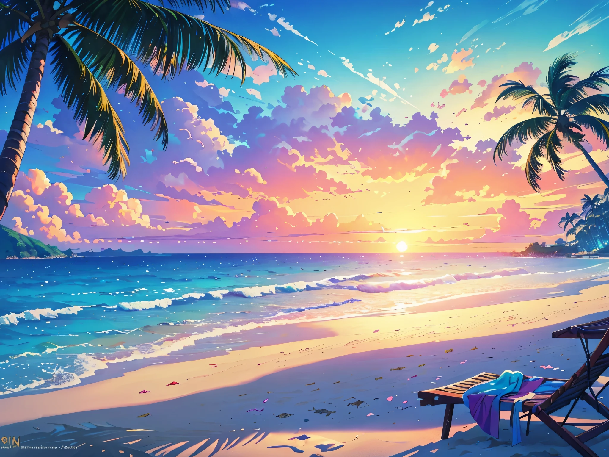 (best quality,4k,8k,highres,masterpiece:1.2),ultra-detailed,realistic:1.37,stunning breathtaking landscape,beautiful beach scenery,vivid colors,blue,light blue,green,yellow,lilac,red and purple,soft sandy beach,glistening azure waters,gentle waves crashing,swaying palm trees,blissful sunshine,serene atmosphere,faint scent of the ocean,seagulls soaring in the sky,whispers of a tropical paradise,tranquil beach escape,cool breeze caressing your skin,sun-kissed horizon,relaxing beach chairs,families building sandcastles,warm golden sunlight,crimson sunset over the water,idyllic vacation spot,breathtaking natural beauty,lush tropical vegetation,splashes of vibrant hues,artists capturing the scene on canvas,sparkling reflections on the water,freshly picked flowers lining the shore,vibrant beach umbrellas,joyful laughter filling the air.
