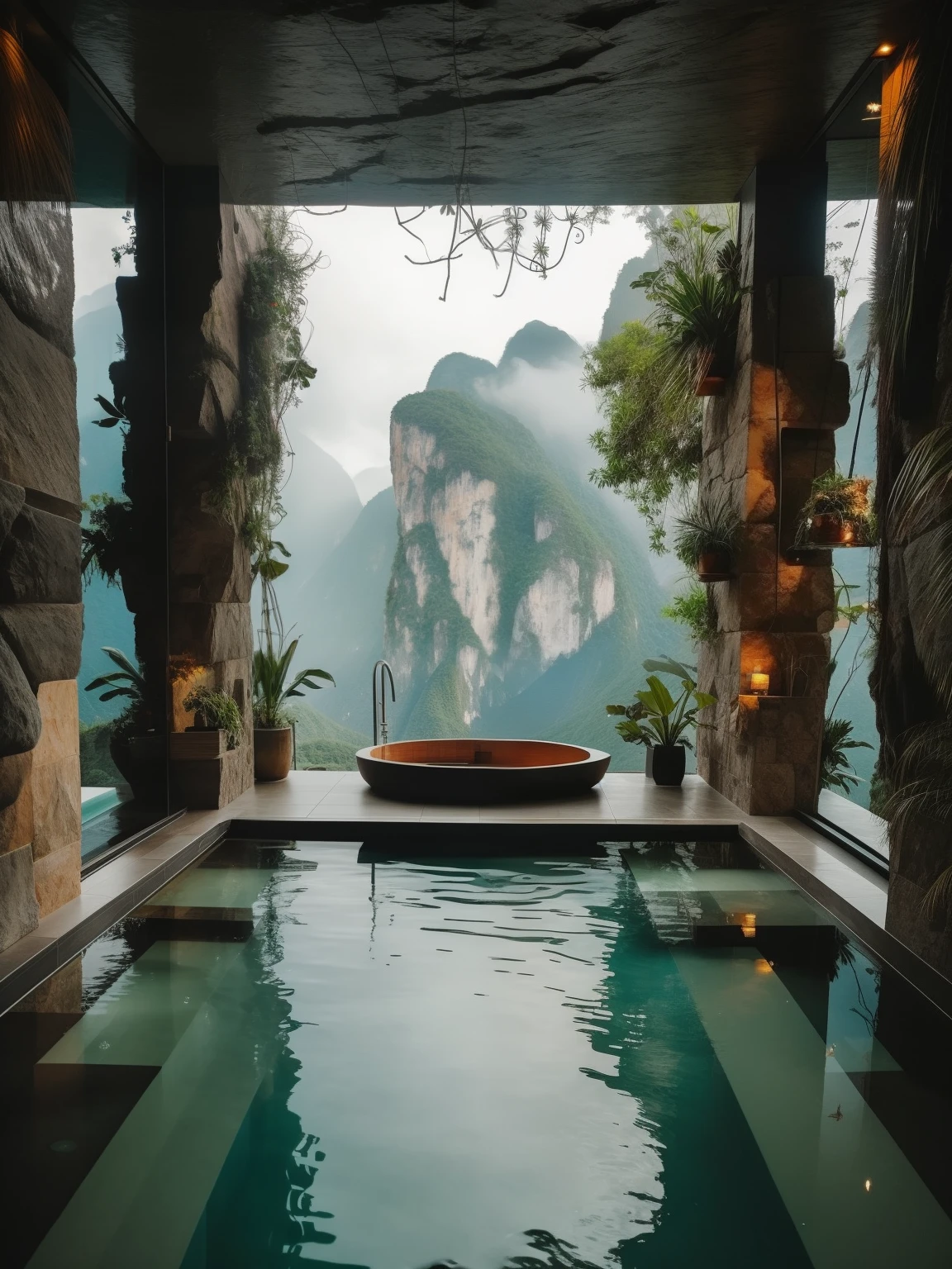 there a bathtub in a pool with a view of mountains, paradise in the background, stunning nature in background, very close to real nature, epic and stunning, all in the amazing outdoors view, beautiful and aesthetic, beautiful place, relaxing environment, mountainous jungle setting, magical environment, fantasy setting, next to a tropical pool, many plants and infinite pool, lush oasis