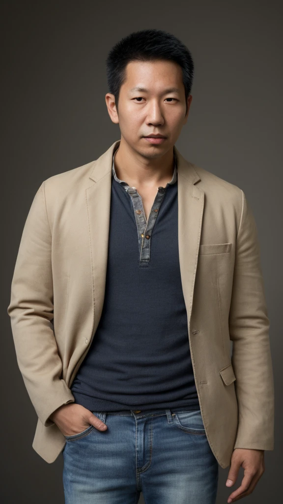 arafed asian man wearing a brown jacket and a white shirt with jeans, handsome, cute, chad chin-reuben wu-antilous chao-jonny wan-rick dai-jeremy cheung-darren quach-kevin hou-jesper esjing merged, entire body visible, full body, hyperrealistic, best quality, 8K, real human skin, masterpiece, extremely intricate, medium closeup, detailed eyes, detailed face, detailed body, exaggerated features, pronounced features