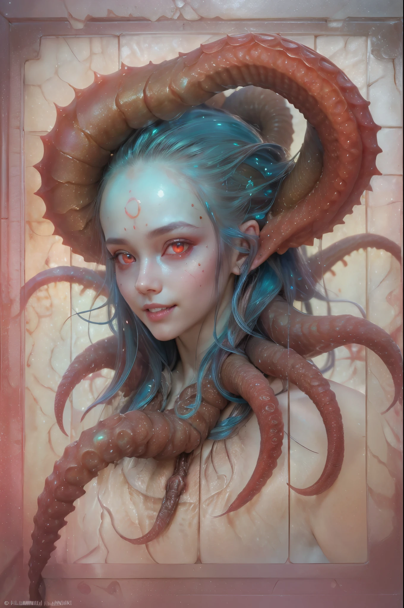 (((red color skin))),(((Tentacle Parasite))),riding sex,reverse sex,((highest quality)), ((masterpiece)), (be familiar with),perfect face,girl,(emotion less),straddle,Male POV,smile