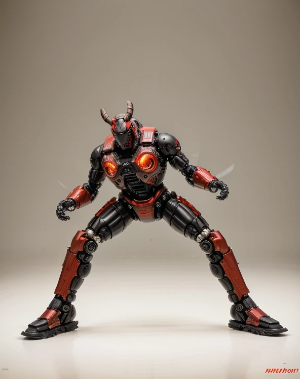 A hyper realistic robot with horns, Boomer Kuwanger, iconic character with high detail, ultra realistic robot, art 8 k, unsaturated colors. very mechanical, dangerous, eerie mood, rather lean and agile body. parts of his surface have a structure like a the back of a scarab
