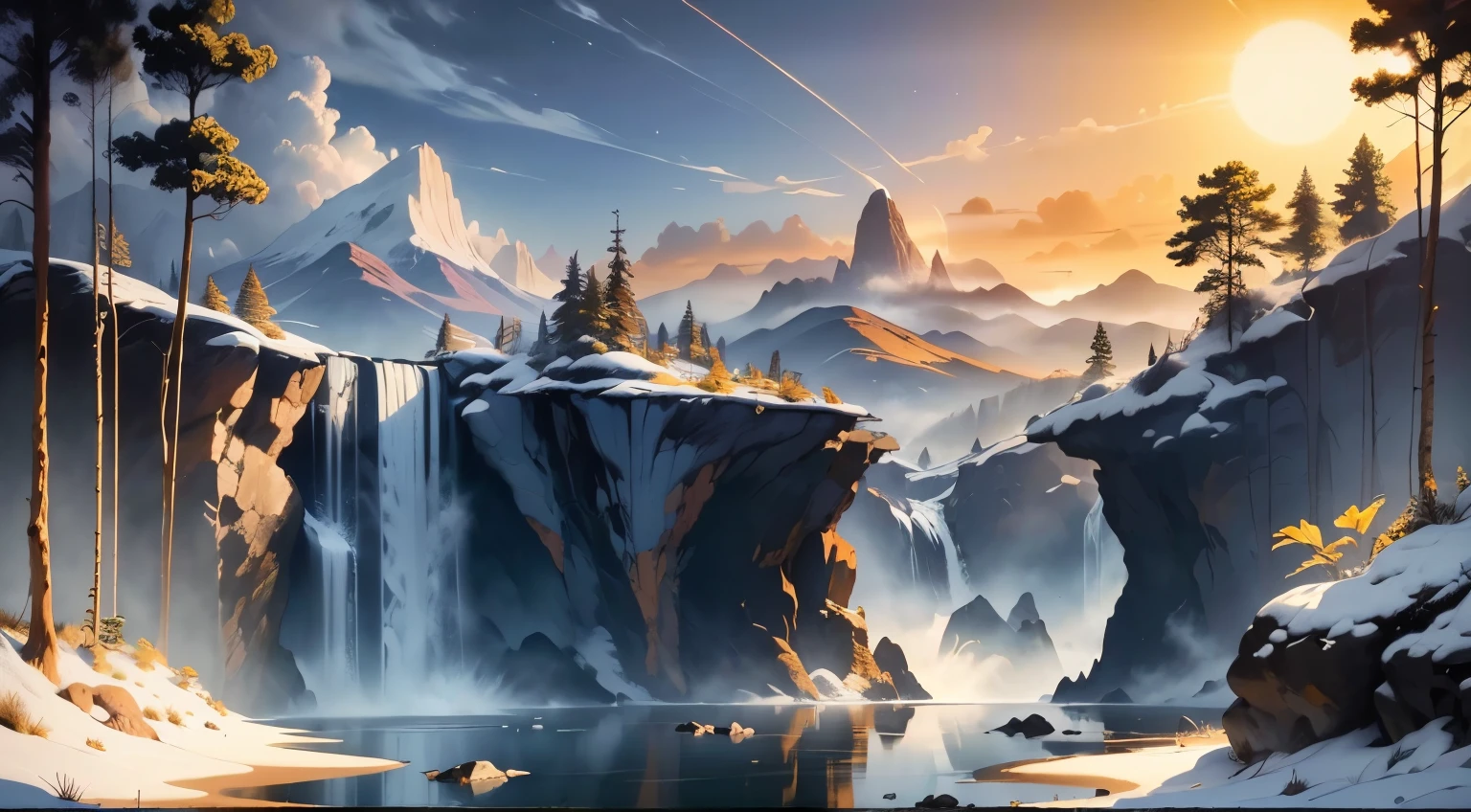 (best quality,4k,8k,highres,masterpiece:1.2),ultra-detailed,(realistic,photorealistic,photo-realistic:1.37),colorful sunrise,sunlight streaming through the clouds,natural landscape,picturesque scenery,peaceful and serene atmosphere,golden reflections on the water,soft and gentle breeze,rays of sunlight glistening on the dewy grass,tranquil morning,majestic mountains in the distance,trees swaying in the wind,harmonious colors in the sky and the surrounding nature,hint of mist in the air,crisp and clear mountain air,calm and still lake,sparkling water reflecting the sky,flawless details of the nature elements,subtle shades of orange, pink, and purple,pastel tones,delicate and vibrant brushstrokes,portray the tranquility and beauty of the landscape,ethereal and dreamlike quality.