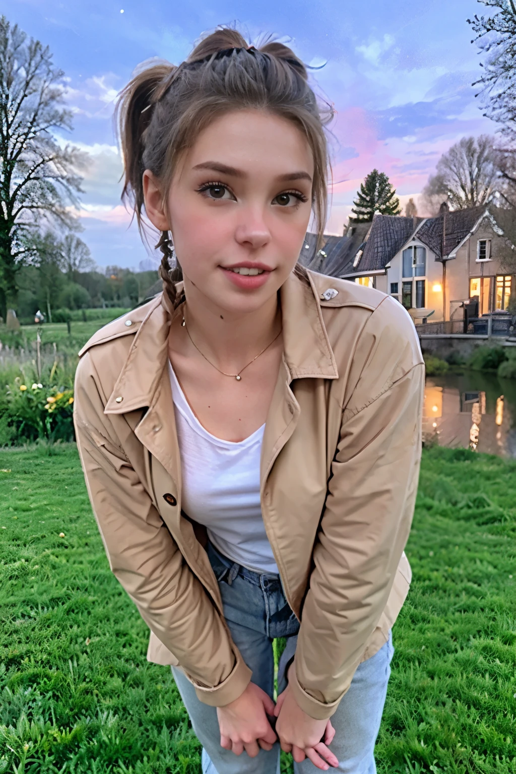 selfie of belledel, 16-year-old, no makeup, detailed eyes, (ponytail), (lightbrown hair), taken on an old camera, low res, flash photography, grainy, full body, legs, arm to camera, arm to viewer, outdoors ((dutch landscape)), kiss, pocky kiss, wearing coat, wearing pants