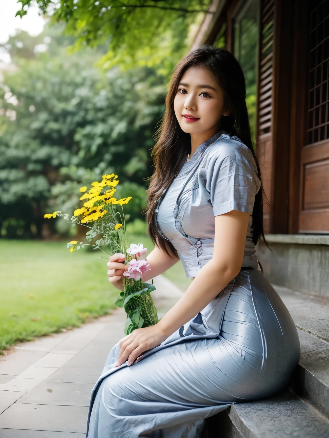 Asian woman in a skirt and white shirt sitting on steps, Beautiful Body, traditional beauty, wearing beautiful clothes, traditional dress, acmm ss outfit, acmm long skirt, wearing acmm top, very attractive and beautiful, with lovely look, traditional clothes, very beautiful enga style.
