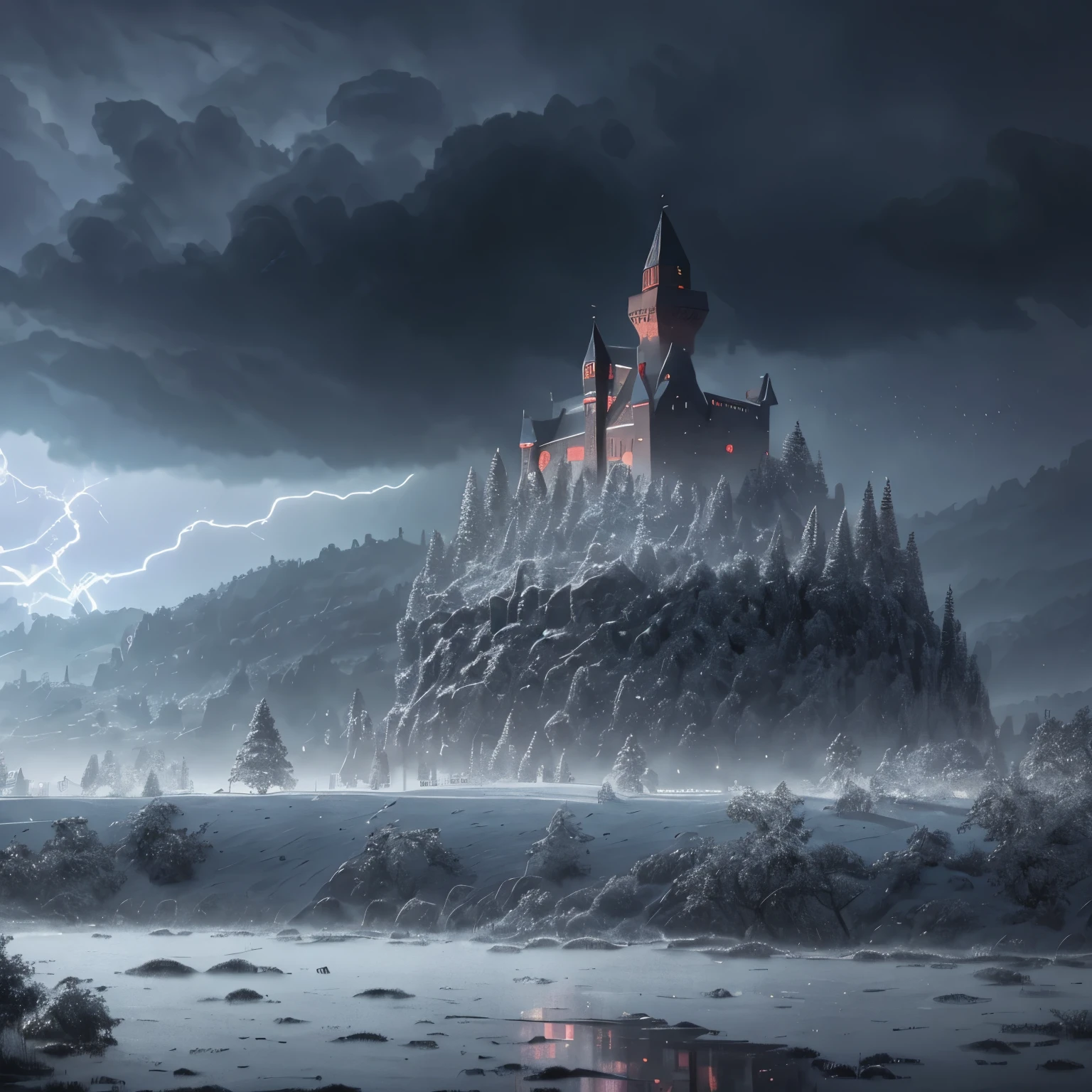 (late afternoon):0.9, (dense atmosphere):0.8, (feeling cold):0.7, (castle):1.2, (medieval):1.1, (storm):1.4, (lightning):1.3, (rain):1.2, (drizzle):1.2, (detailed 8k):1.5.