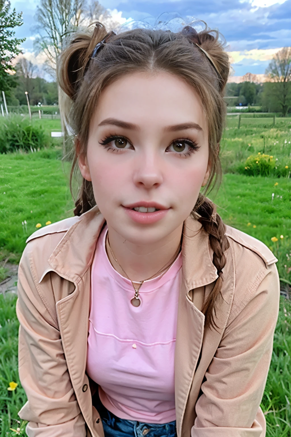 selfie of belledel, 16-year-old, no makeup, detailed eyes, (ponytail), (lightbrown hair), taken on an old camera, low res, flash photography, grainy, full body, legs, arm to camera, arm to viewer, outdoors ((dutch landscape)), (kiss), pocky kiss, wearing coat, wearing pants