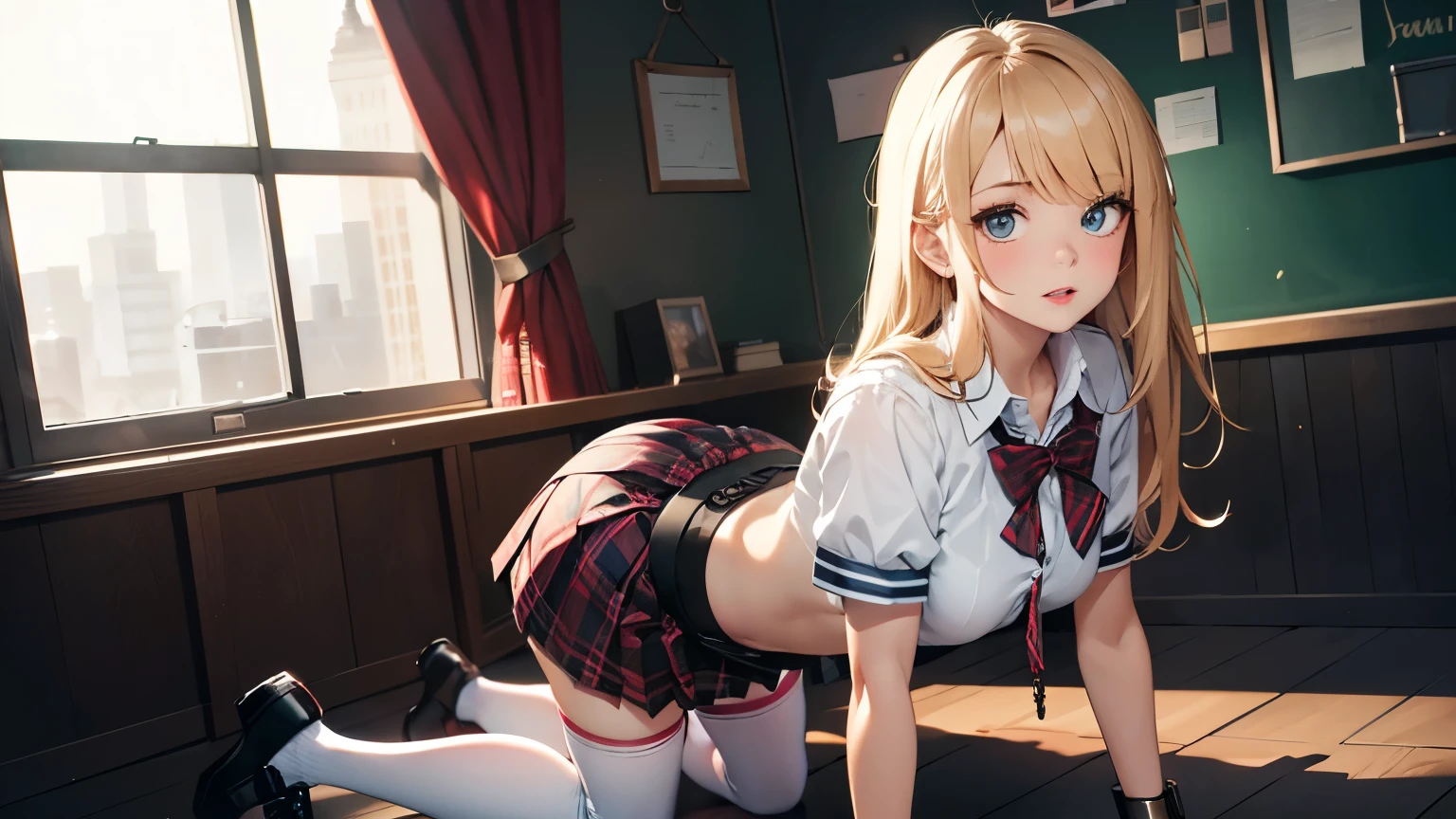 best qualityer，tmasterpiece，Ultimate resolution，downy，Extremely colorful，（JK school uniform），neck bowtie，Plaid skirteauty severed head，Normal posture，Redlip，（Kneeling pose）（Point at you with your ass），shackle，behead，Collar，handcuff，Anklets，（white stockings），Mary Jane shoes，