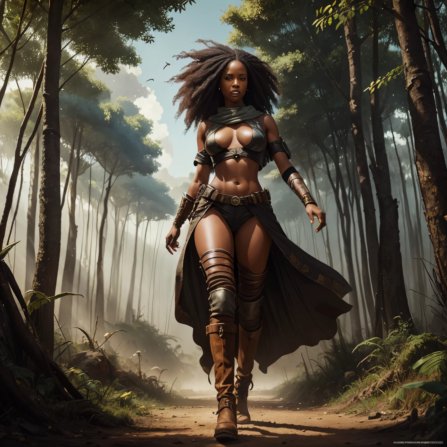 (NSFW mulher africana) walking through an apocalyptic forest, graphic artist Magali Villeneuve, post-apocalyptic explorer, estilo de Raymond Swanland, lady huntress of the forest, epic sci-fi character art, assassina feminina, arte de personagem impressionante, epic sci-fi character art, epic sci-fi character art, retrato de mulher ladina, arte de personagem de RPG