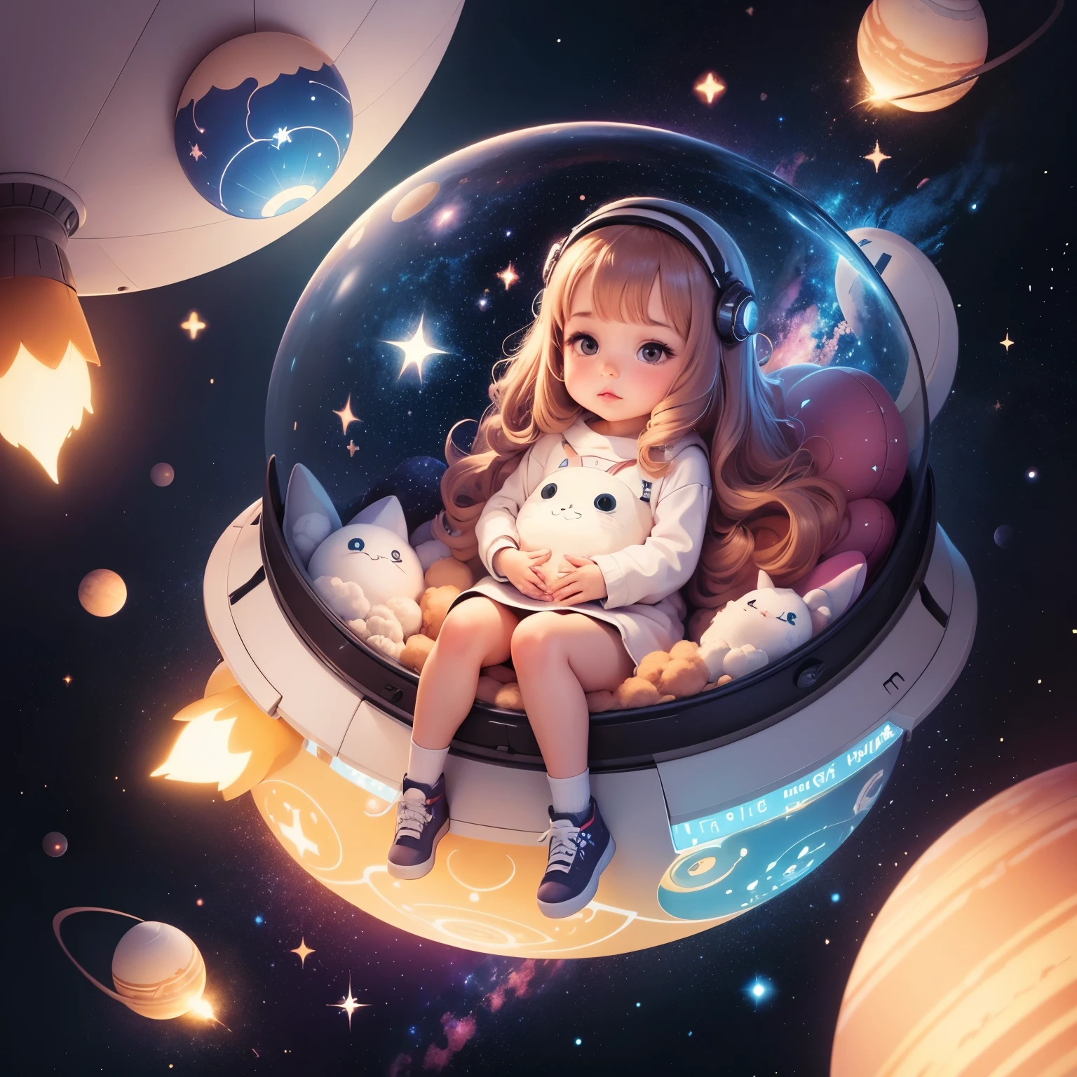 galaxies, rocket, planets, stars, cute illustration, cute art, cute characters, cute digital art, illustrated in whimsical style, children's illustration, cute features, illustration, cozy calm, cute detailed digital art