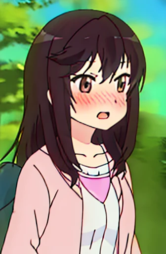 {ichijou_hotaru_nonnonbiyori:1.15}, black_hair, long_hair, brown_eyes, blush, brown_hair, 1girl, shirt, striped, striped_shirt, bangs, collarbone, open_mouth, upper_body, cardigan