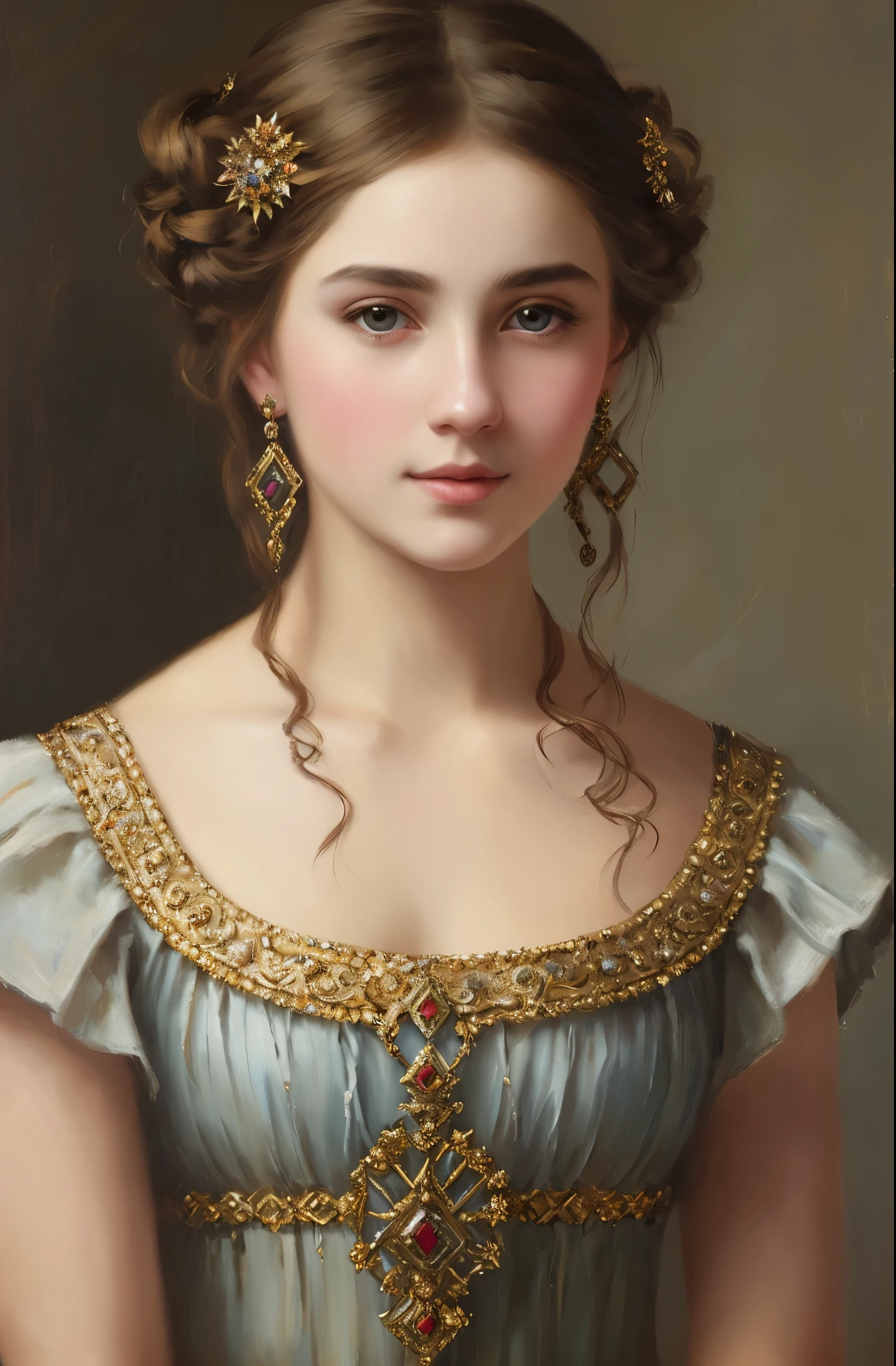 portrait, girl, middle ages, classicism, andrey atroshenko style, pierced eyes, painting, beautifully styled hair, traditional media, realistic, figurative, fine art, oil on canvas, HDR, 8K, original character, high resolution, high detail, focus on the face