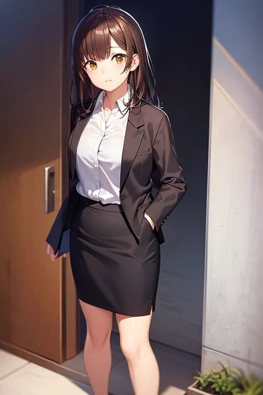 1girl, sayu ogiwara, suit, office lady, black skirt, black blazer, pencil skirt, long skirt, white shirt, collared shirt, long hair, teenager, looking at viewer, full body