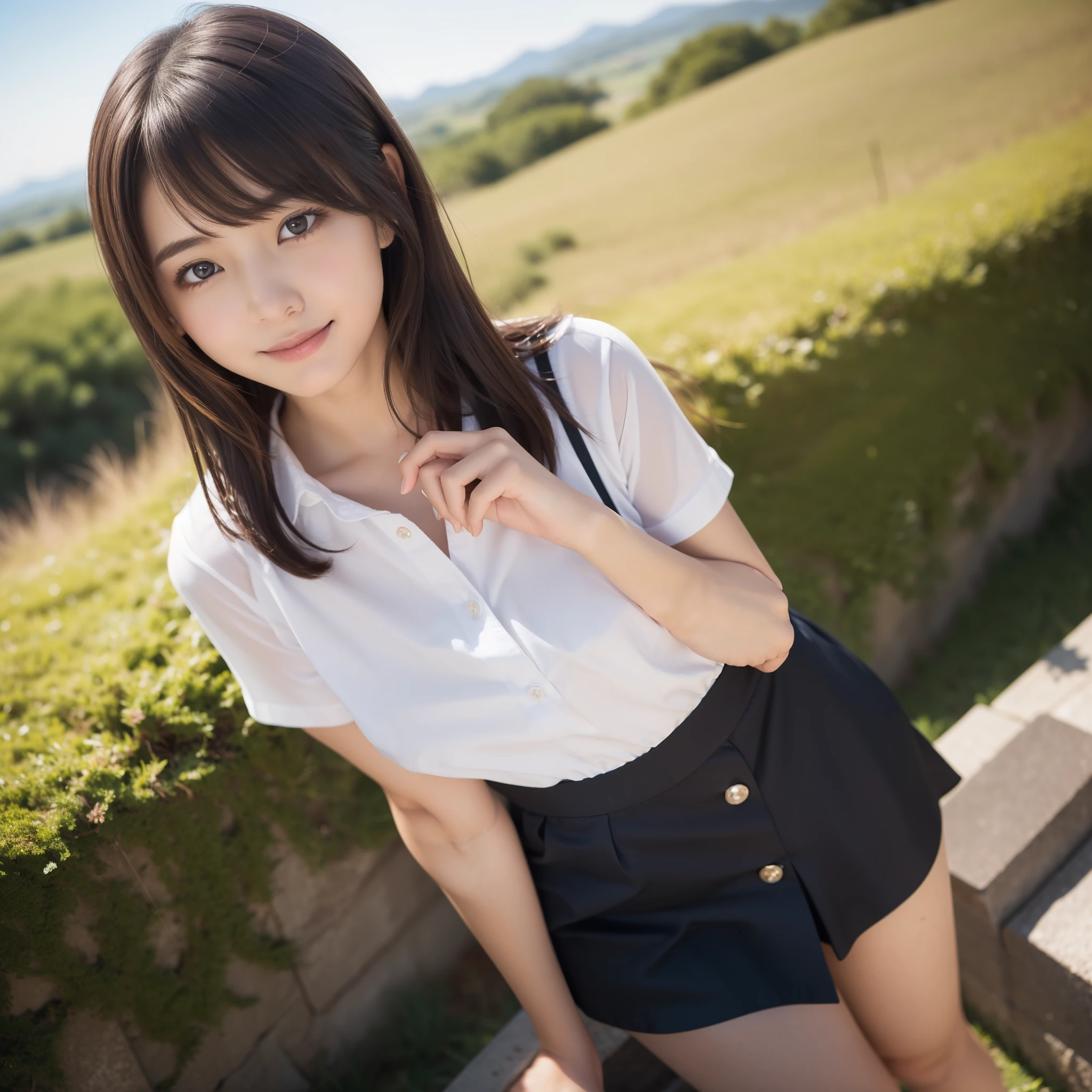 in 8K,Best Quality:1.4, 超A high resolution:1.5, (Photorealistic:1.4),masterpiece:1.2,(top-quality:1.4)、 Raw photo、(the background is blurred), On a hilltop with a good view:1.4、blue-sky、lawn、FULL BODYSHOT:1.8、 1の女の子, Cute, (Solo), (Shy smile), 、(35 year old:1.2)、TThe shirt、to stand、Check miniskirt、Cute mini skirt、beauty legs、Slender feet、 (Brown medium hair,Bangs), (touch hair:1.4)、nogizaka、cute little、Supple fingertips,Beautiful black eyes、natural skin textures:1.3, realistic eyes and face details:1.7、middlebreasts、gazing at viewer、gravure、low angles、Katyusha、Scenic