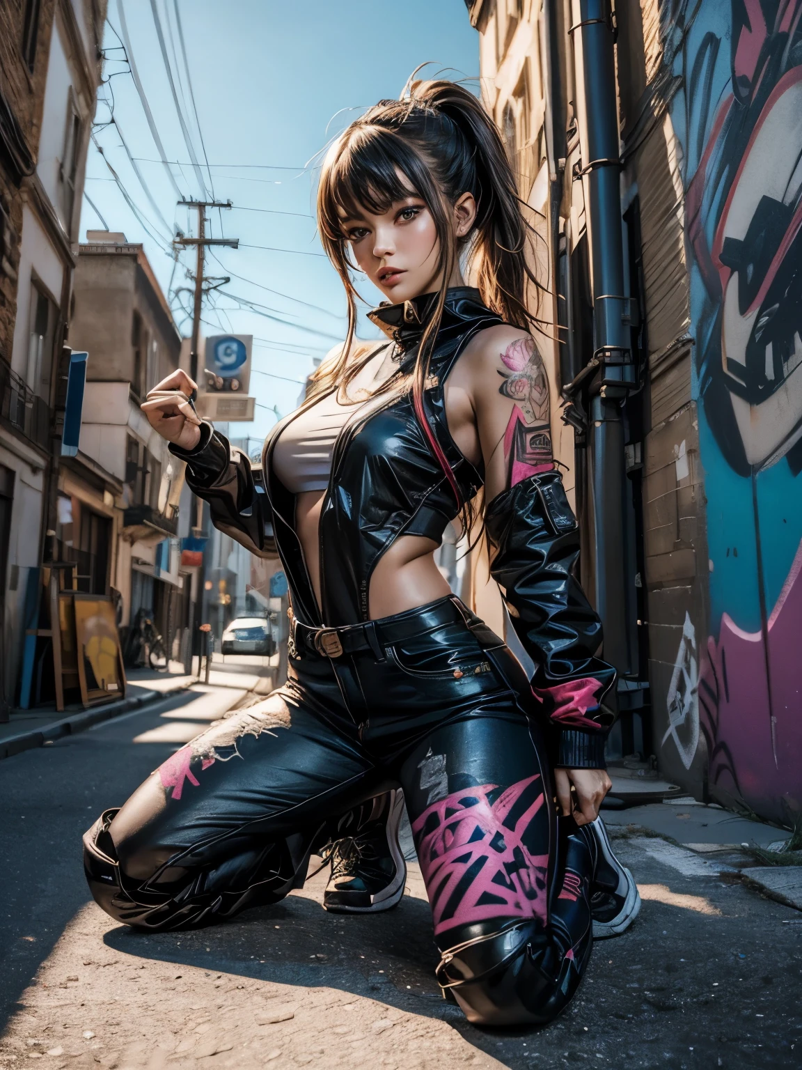 ((hyperrealistic, photorealistic, 8k, intricate details)) "masterpiece, a gorgeous hot cyberpunk Japanese girl, a cyberpunk maiden, a cyberpunk goddess, fleshy lips (lipstick, makeup), soft silky skin, 20 years old, full breasts, thick thighs, long braided hair, wearing sunglasses, a white neckline top shirt (highlighted on the breasts), and a black mini-skirt (highlighted on the thighs), and lacy black pantyhose, jewelry and high-tech watches,  posing Hip-Hop style crouch in front of a wall graffiti (graffiti) stylized cyberpunk style (low angle image, full body), (depth of field)."
