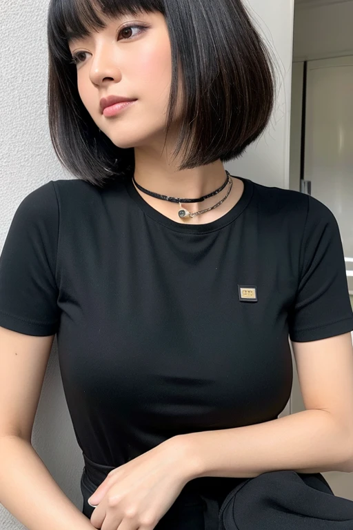 arafed asian woman with short hair and a black shirt, with short hair, with short hair with bangs, short straight hair, princess cut, 黒princess cutヘア, Black-haired Sui Ishida, 白princess cutの髪型, with short straight brown hair, black short curtain haircut, with a bob cut, short hair with gel, short black hair,big boobs,riding machine,Jumpsuit