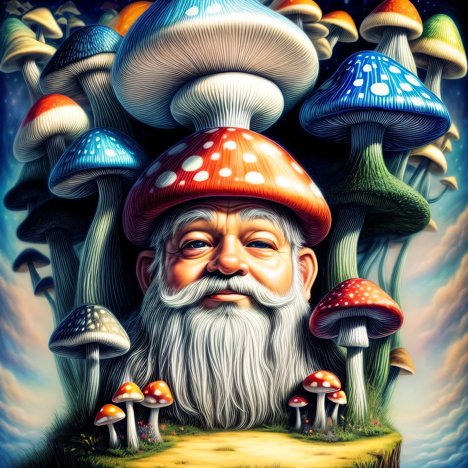 there are many gnomes sitting on a mushroom with a sky background, magic mushroom, magic mushrooms, fungal god, psychedelic mushrooms dream, cubensis, made of mushrooms, trippy mushroom, cute detailed artwork, by Randy Gallegos, mushroom city, trippy art, by Justin Gerard