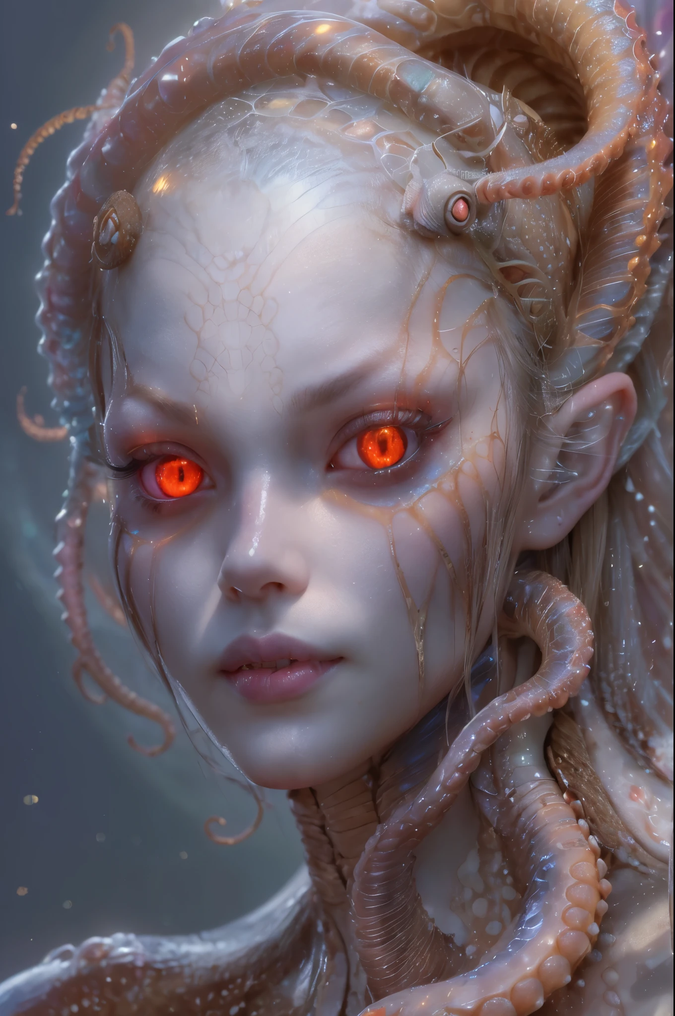 scary and sexy detailed art in color, Portrait, (beautiful and obscene female alien:1.4), (vulgarity1.5), (she has red eyes with no pupils:1.8), (Translucent skin:1.7), (There is a female genital-like organ in the middle of the forehead:1.9), (The most beautiful face in the history of the universe:1.2),an evil gaze that seduces, (large mouth:1.1), (sharp teeth like a vampire:1.2), Full body portrait, (bio luminescent:1.5), (Smile wickedly:1.3), (sexypose:1.5), alien, No humans, cells are fused, (Lots of translucent tentacles:1.3) extraterrestrial, cell, bio image, best quality, 8K,In 4K_quality, High freshness, Dramatic Lighting, masutepiece:1.5,cinematic quality, detail up, (exquisite details:1.2), high resolution, High freshness, drawing faithfully, (Thick eyebrows:1.2), Beautiful eyes with fine symmetry,(Highly detailed face and eyes:1.2), Intimate face, (Super detailed skin quality feeling:1.4), perfect anatomy, (Beautiful toned body:1.5), (Moist skin:1.2), not wearing makeup, (dark circles:1.1), long canines, cinematic drawing of characters, ultra high quality model, cinematic quality, detail up, (exquisite details:1.2), high resolution, High freshness, drawing faithfully, official art, Unity 8K Wall , 8K Portrait, best quality, Very high resolution, ultra detailed artistic photography, midnight aura, unreal engine 5, Ultra Sharp Focus, art by Amano Yoshitaka, ArtGerm, Roisch, intricate artwork, best quality, masterpiece, ultra high resolution, (photos realistic:1.4), ultra realistic realism, dream-like, nautilus, Creation of fantasy, Snail, Dream Snail, (biopunk nautilus:1.3),Thrilling color schemes, ultra realistic realism, seductively smiling, Blue tentacles,