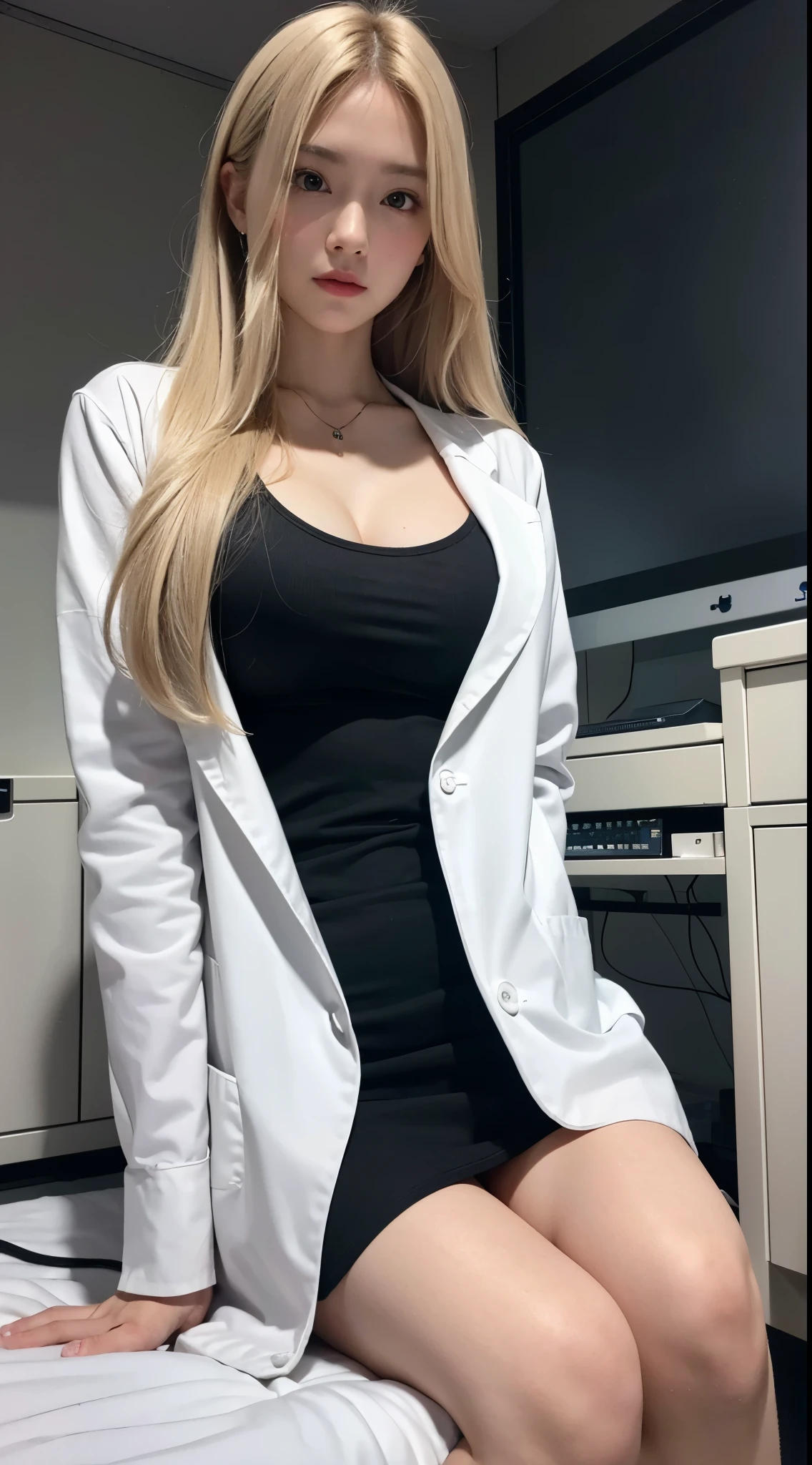 {Photos taken with an ultra-high resolution camera}、{8K photo quality:1.2}、{ultra-high resolution photo quality:1.2}、{Ultra-realistic1.2}、{perfect limb}、{japanese}、masterpiece、nsfw、1female、a blond、in a research lab at a pharmaceutical company、There is a bed、Sitting on a bed、Black miniskirt、wearing lab coat、{Black camisole}、Manteau blanc、huge tit、Blonde long hair、facing front、glass tube、personal computers