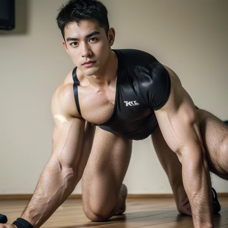 ((Best Quality, 8K, ultra-detailed, Masterpiece: 1.3)), 1boy, shiny skin, sharp, Perfect Body Beauty, realistic shaded perfect body, (cute baby face:1.1),("wrestling wear, big bulge ":1.2),(dynamic pose:1.1), thiulge focus:1.2) , all fours , Watching Viewers True 8K light and shadow , nsfw,(gynaecomastia), photorealistic , (puffy nipples), swollen nipples,