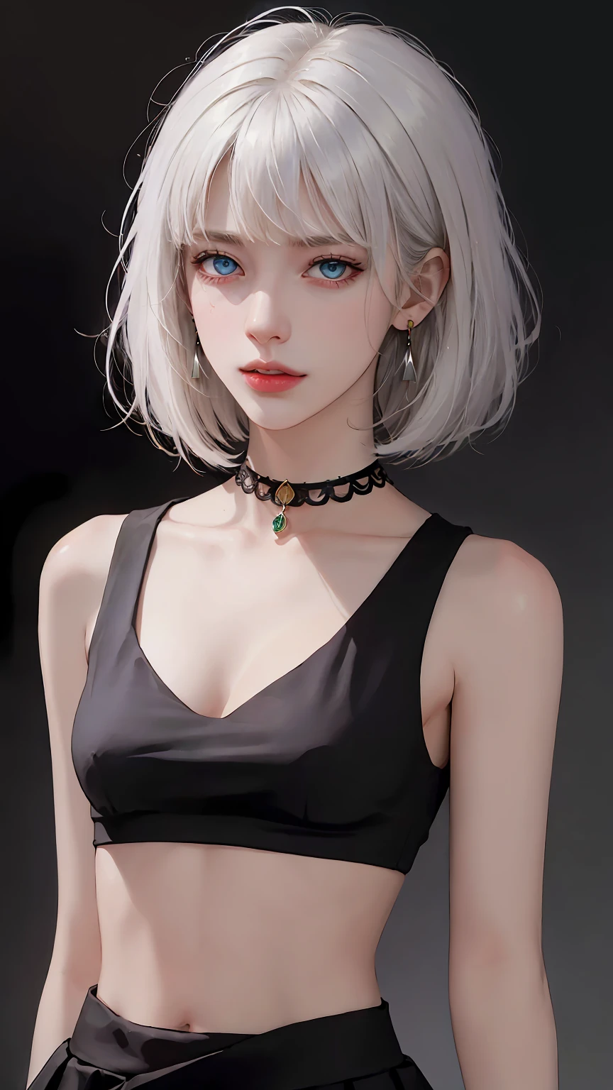 (masterpiece, best quality, 1girl, solo, intricate details, chromatic aberration), (realistic),(skin), ((breath)),(white hair,blunt bangs, bob cut),detailed hair, red head ornament, blue highlights, hair over one eye,purple eyes, small earrings, sharp eyes, choker, (medium breasts:1.2), cleavage, ((black crop top )),(skirt),open waist,(symmetry eyes),(perfect symmetrical body), night,(((natural light))),backlighting,against grey wall, dim lighting ,look at viewer,((centered shot, from front,(face and waist)))