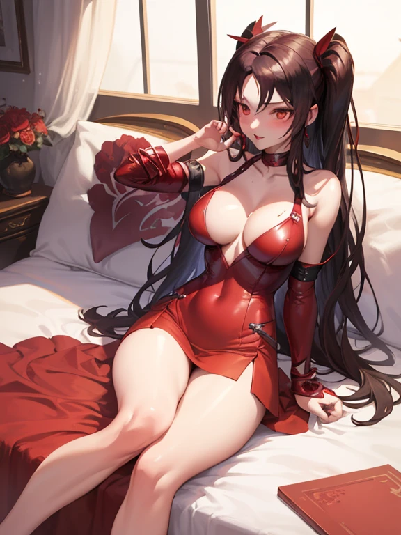 anime girl in red dress sitting on bed with red flowers, rin tohsaka, seductive anime girl, beautiful alluring anime woman, tifa, glamorous tifa lockheart, beautiful alluring anime , tifa lockheart, ahri, anime goddess, rumiko, seductive tifa lockhart portrait, by Jin Homura, ????? anime style