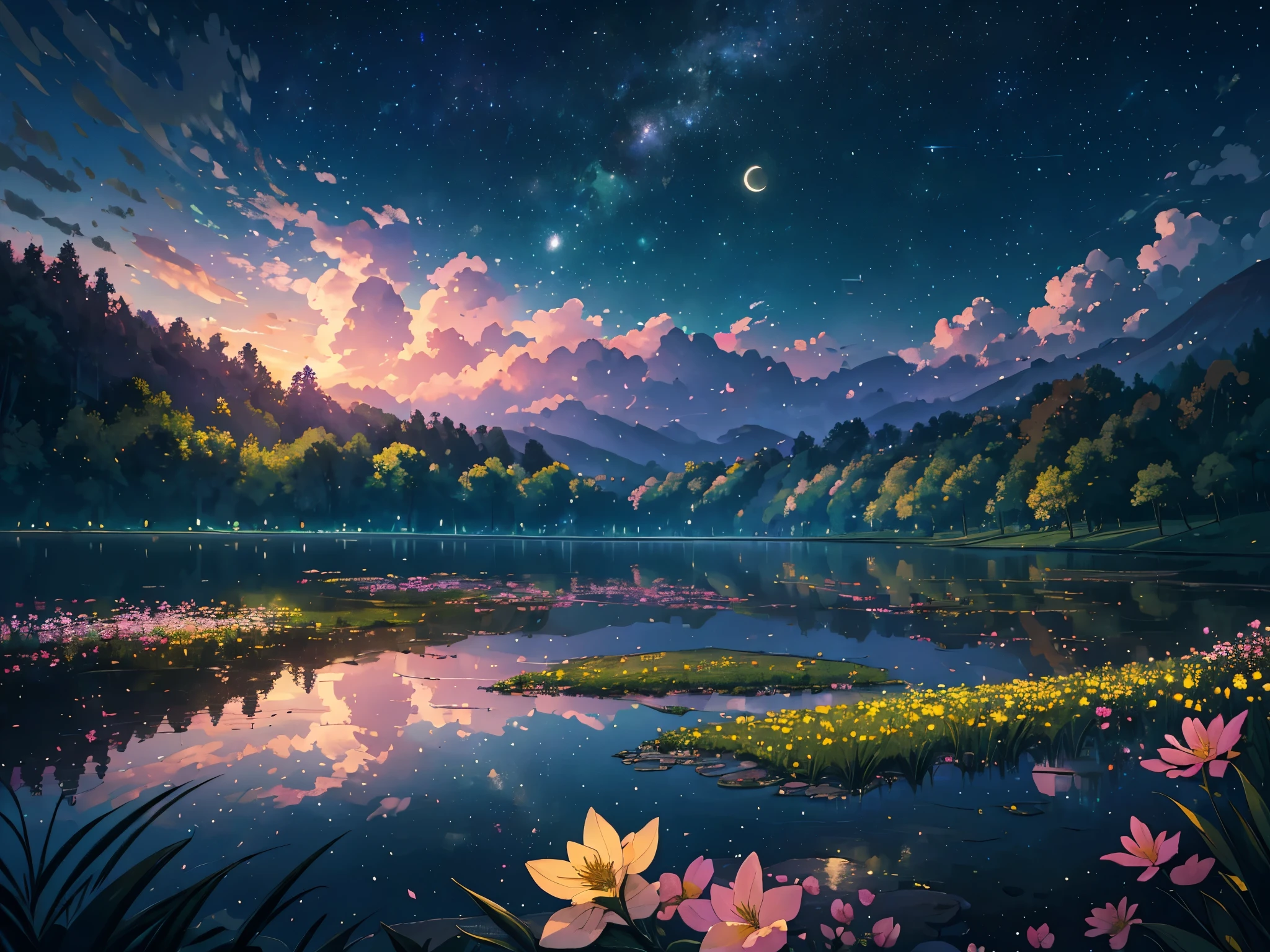 (best quality, highres, masterpiece:1.2), ultra-detailed, realistic:1.37, vibrant colors, professional, HDR, night scene, moonlit sky, starry night, blooming flowers, field, serene atmosphere, lush greenery, moonlight casting gentle glow, subtle shades of green, yellow, pink, red, black, white, delicate petals, intricate details, soft and smooth texture, ethereal beauty, peaceful ambience, romantic setting, dreamlike aura, tranquility, magical scenery, natural landscape.