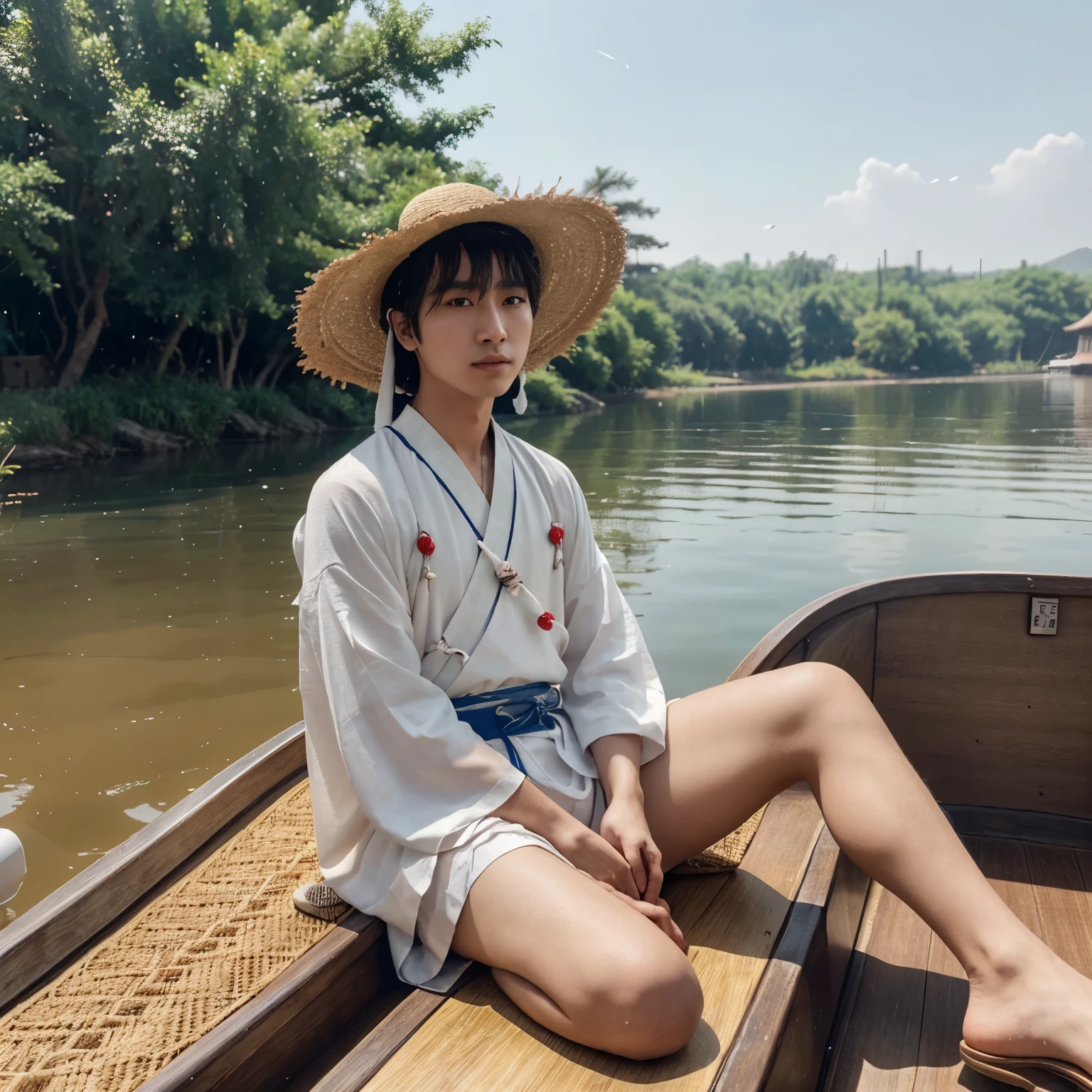 arafed man in a straw hat sitting on a boat, cai xukun, hanfu, chinese style, white hanfu, inspired by Bian Shoumin, inspired by Liu Jun, with acient chinese clothes, inspired by Huang Gongwang, inspired by Gu An, inspired by Chen Daofu, inspired by Xiao Yuncong, inspired by Wu Bin