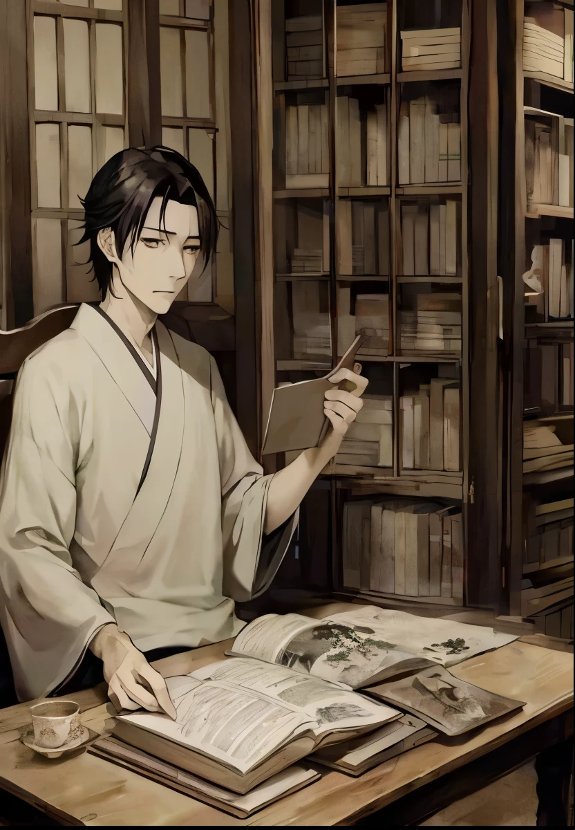 本を持ってテーブルに座っているアニメのキャラクター, hijikata toushirou, デーモンスレイヤーアートのハンサムな男, taisho roman, by ヤン・J, hijikata toushirou of gintama, shuushuu anime image, ( ( ( yoshinari yoh ) ) ), 昭和