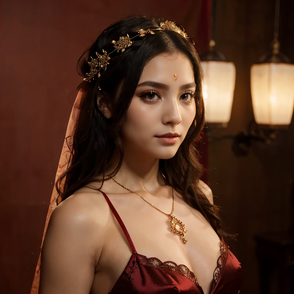 (((Eyes are very delicate)))(((hair accessories)))(((veil(24))))(((veil))),necklace,Wearing a red gold transparent sexy silk dress, ((skin glowing))The room is filled with Chinese New Year decorations(((masterpiece))), ((best quality)), ((intricate details)), ((Surreal))(8K)