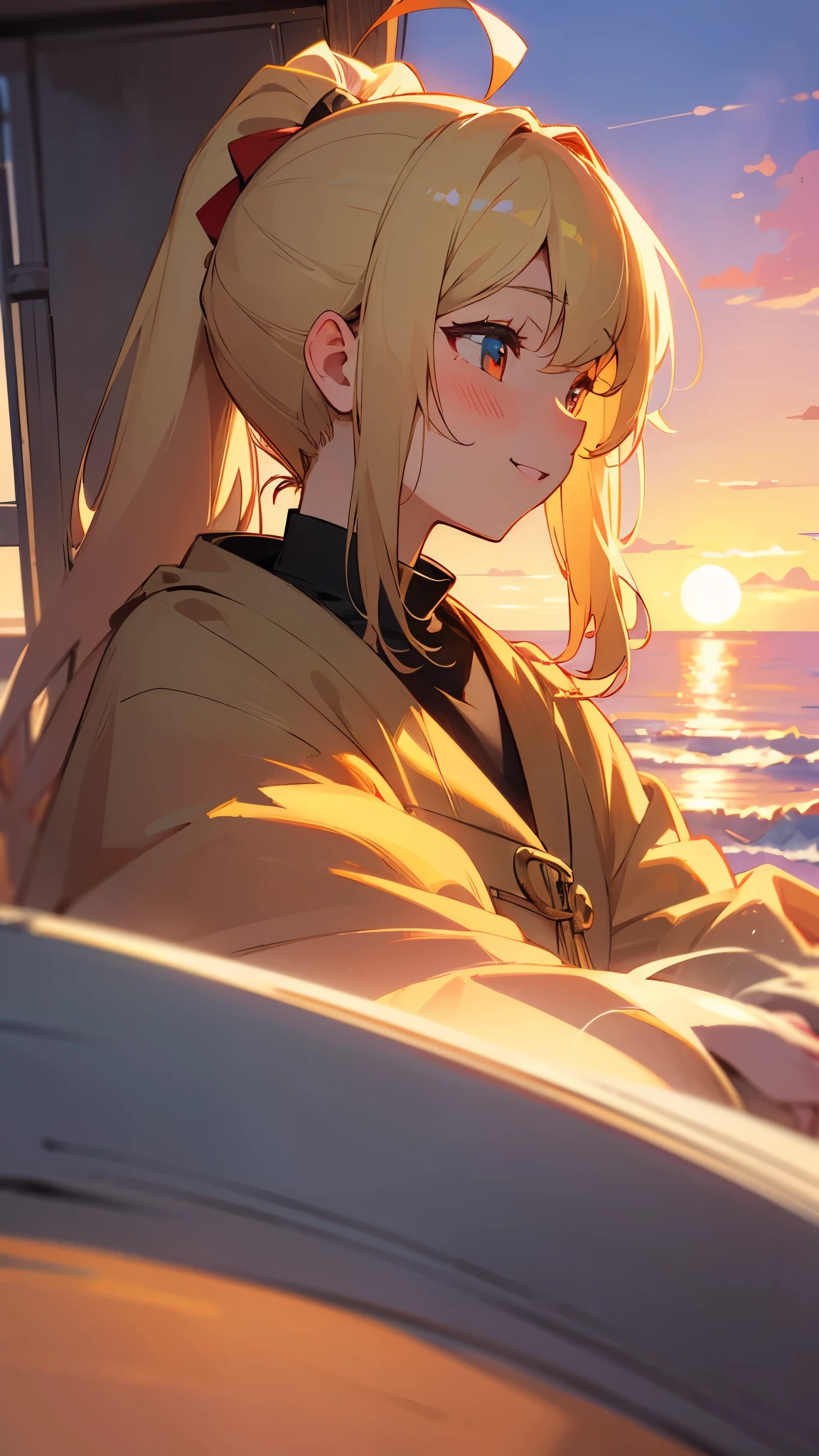 muste piece、highest quality、High resolution、perfect pixel、Depth of the bounds written、4K、nffsw、nffsw、1girl in、solo、 beautiful anime girl、beautiful art style、anime characters、blonde ponytail、Ahoge、big round red eyes: 1.4、Beautiful eyes drawn in detail、perfect eyes、curl eyelashes、realistic eyes、detailed face、blush:1.2、Anime CG style、smile、laughter、profile、under the sunset sky