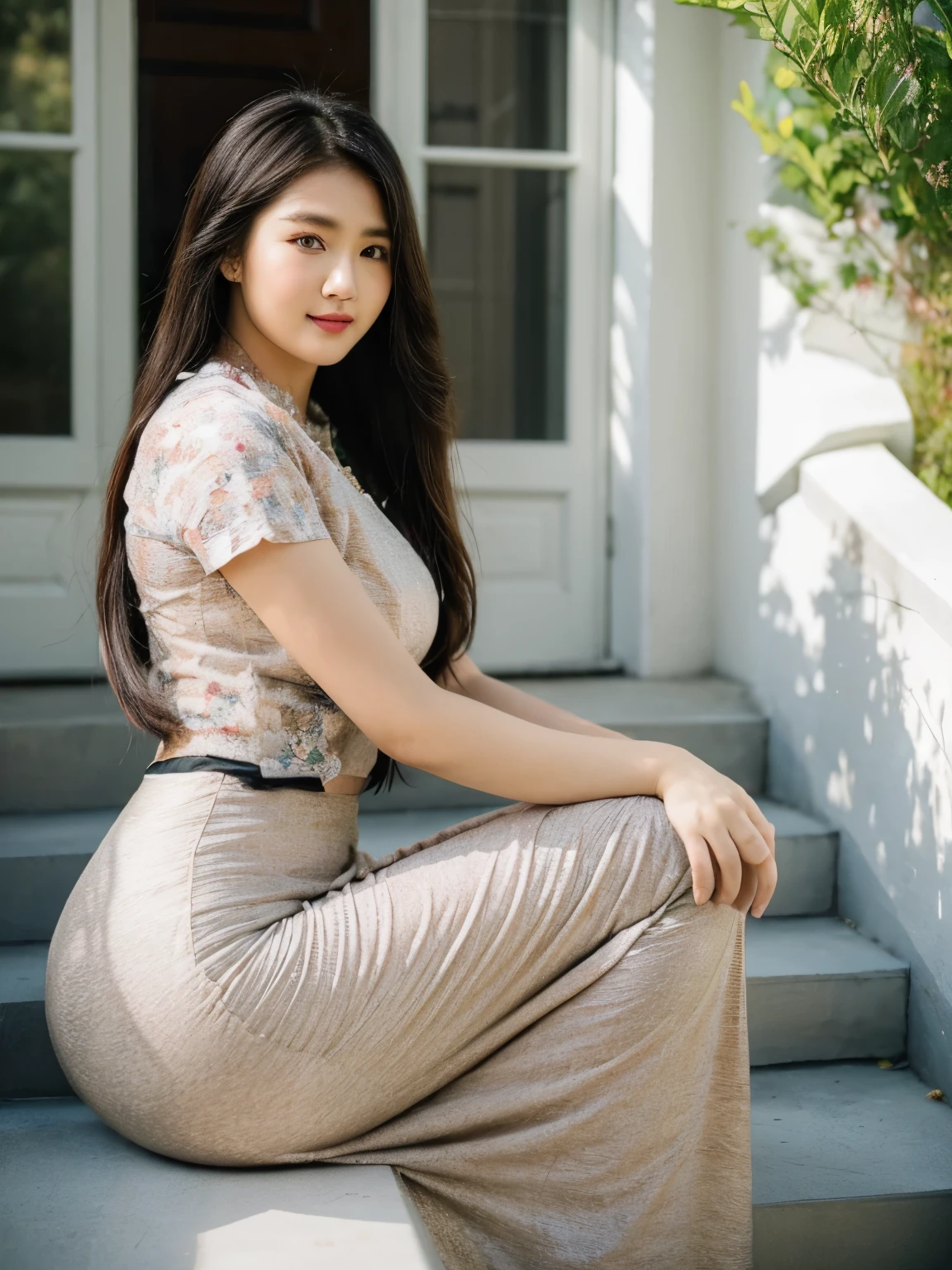 Asian woman in a gold long skirt and black shirt sitting on steps, Beautiful Body, traditional beauty, wearing beautiful clothes, traditional dress, acmm ss outfit, acmm long skirt, wearing acmm top, very attractive and beautiful, with lovely look, traditional clothes, very beautiful enga style.