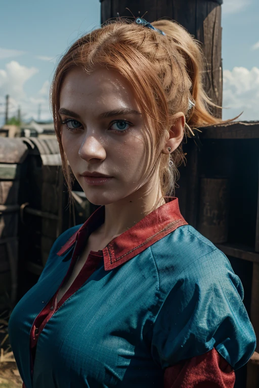 (masterpiece), anime, 1Girl, in a surreal landscape, blue eyes, ponytail, red blond, slovac blood ,Asia clothes, unbottoned, The witcher world,