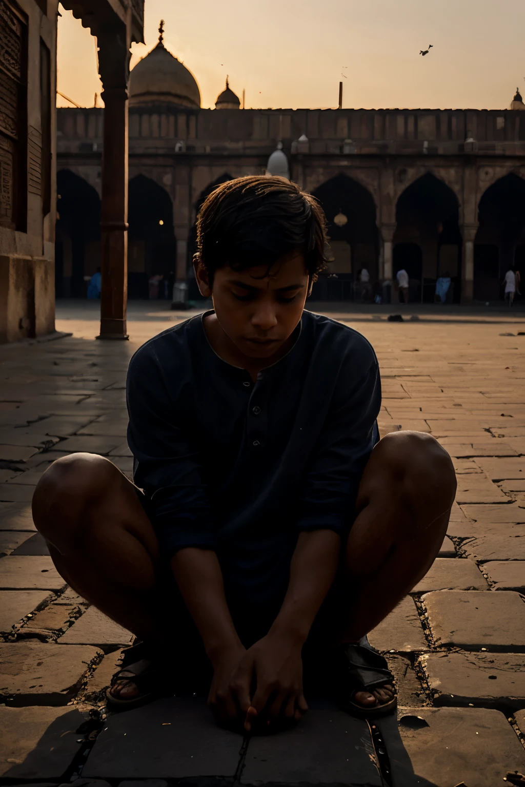 A poor boy in the street of jama masjid delhi praying for his better life as he is struggling for better life during sunset time dark background with tone