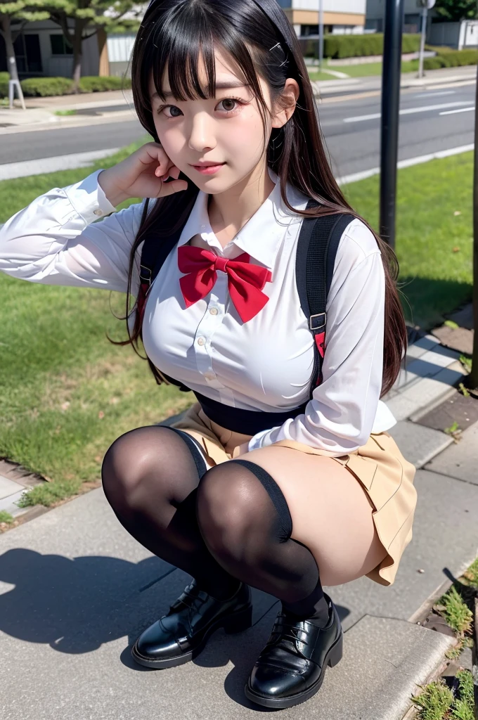 took a full body photo of a Japanese girl wearing a school uniform, Girl squatting with legs spread and sitting, she was squatting on the sidewalk giving a sexy pose with a lewd face, she must have thic and sexy areolas, and black hair, her chest must be big. Please make her look like a typical Japanese school girl in a white blouse, Red bow, Black shoes, knee socks and a very short pleated skirt. captures the natural lighting of the scene with a bright, sunny ambiance. Make sure your photos look authentic、Capture the energy and charm of Japan schoolchildren in a busy  environment